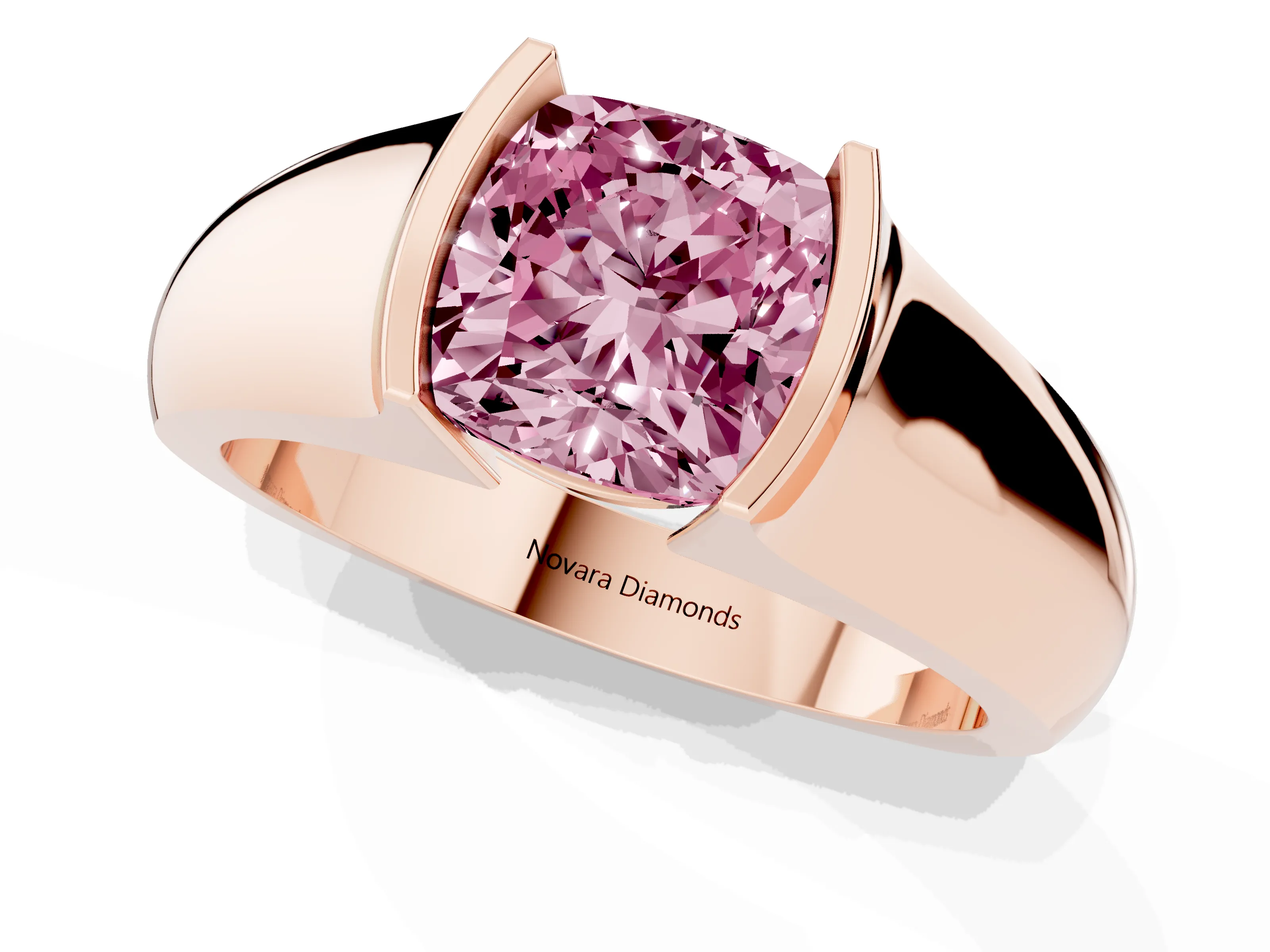 Fancy Pink Cushion Cut Diamond Bezel Solitaire Ring Set in Rose gold with Wide Band