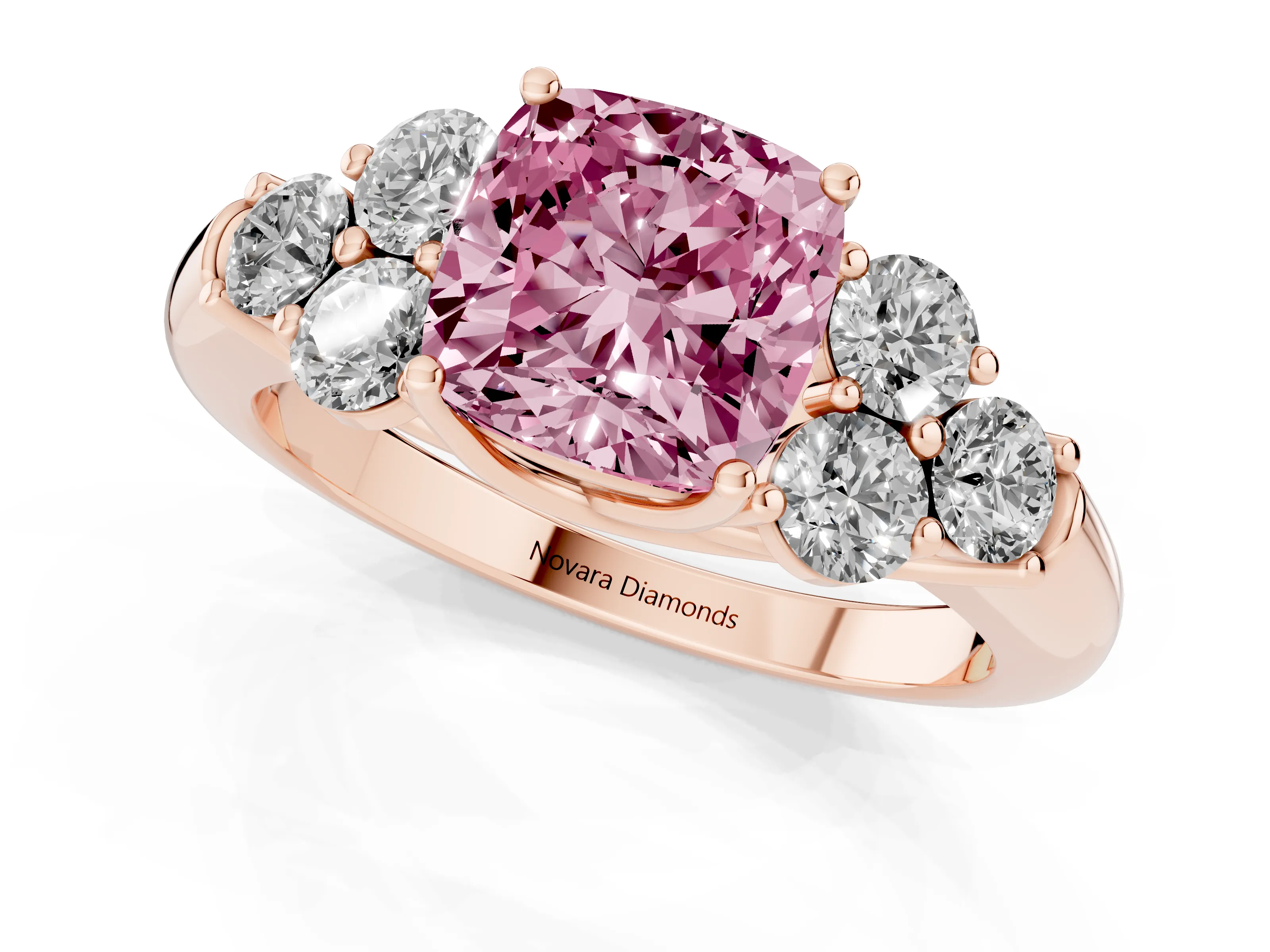 Fancy Pink Cushion Cut Diamond Cluster Ring Set in Rose gold with Round Accent Stones and Prong Setting on a Plain Band