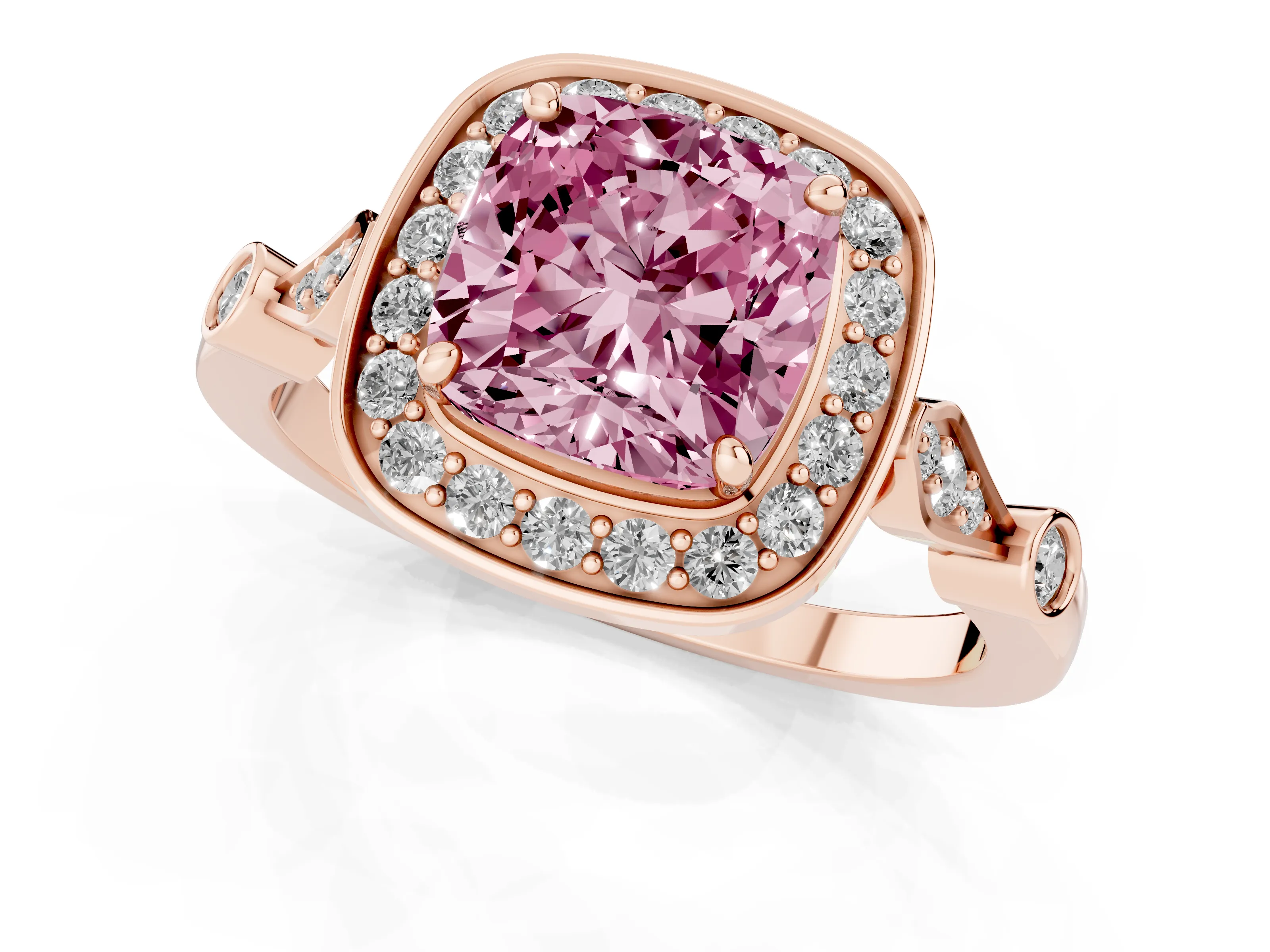Fancy Pink Cushion Cut Diamond Halo Engagement Ring Set in Rose gold with Twisted Band and Prong Setting