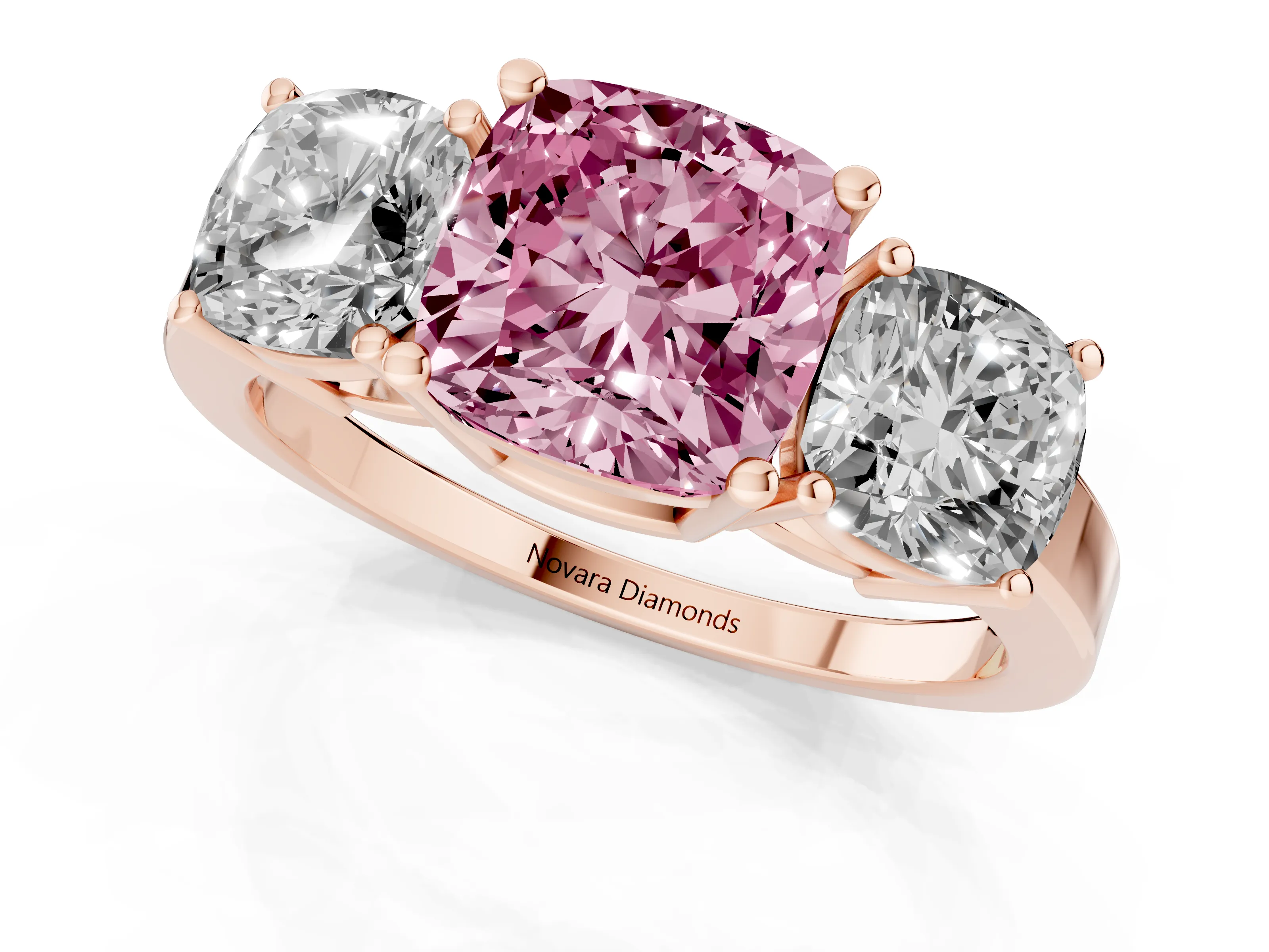 Fancy Pink Cushion Cut Diamond Three-Stone Engagement Ring Set in Rose gold with Flat Band