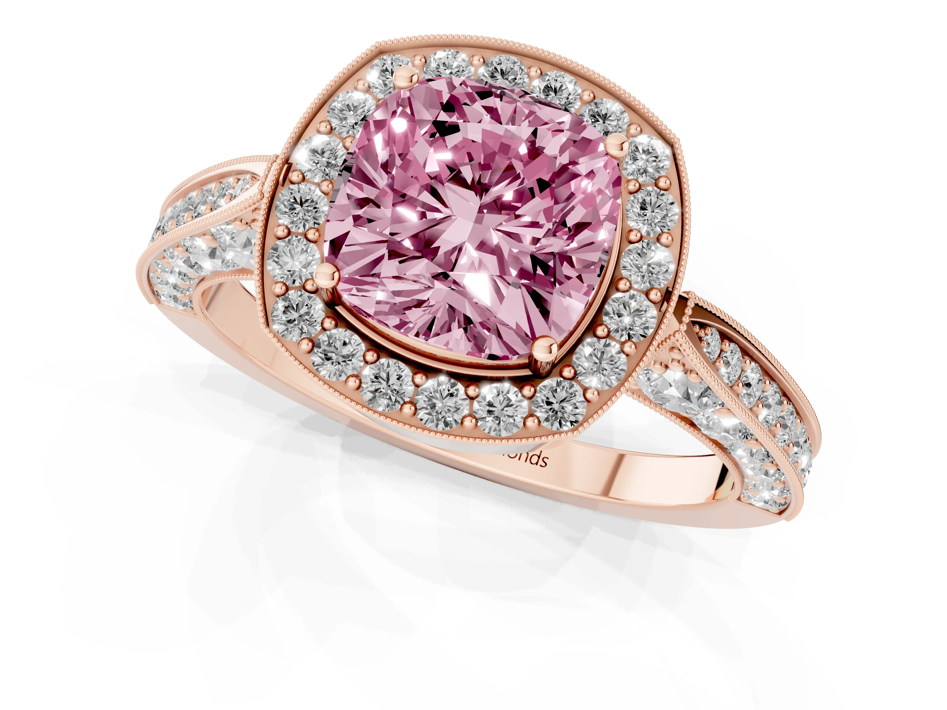 Fancy Pink Cushion Cut Diamond Halo Engagement Ring Set in Rose gold with Accent Split Shank Band