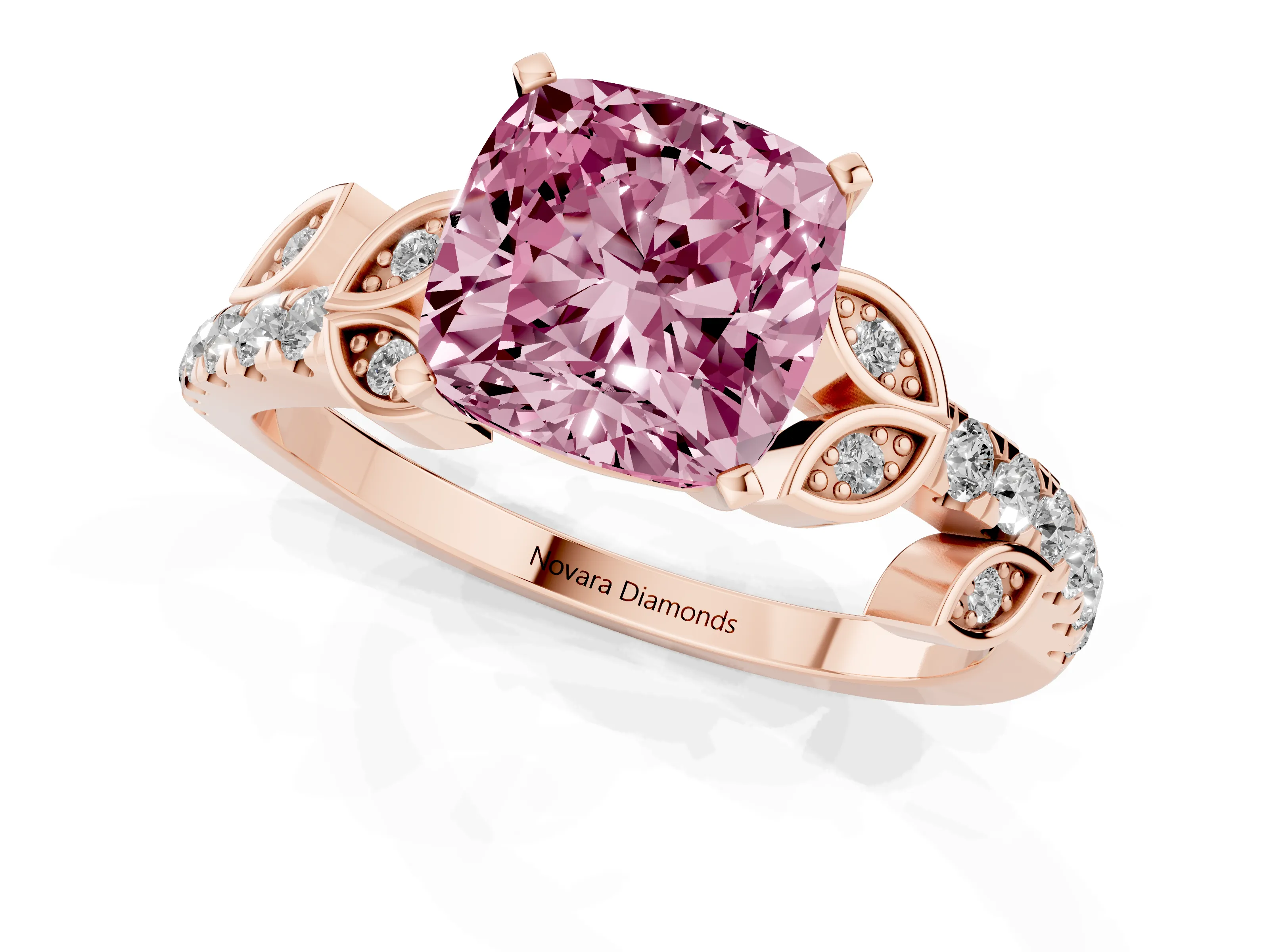 Fancy Pink Cushion Cut Diamond Solitaire Leaf-Inspired Ring Set in Rose gold with Pavé Band and Prong Setting