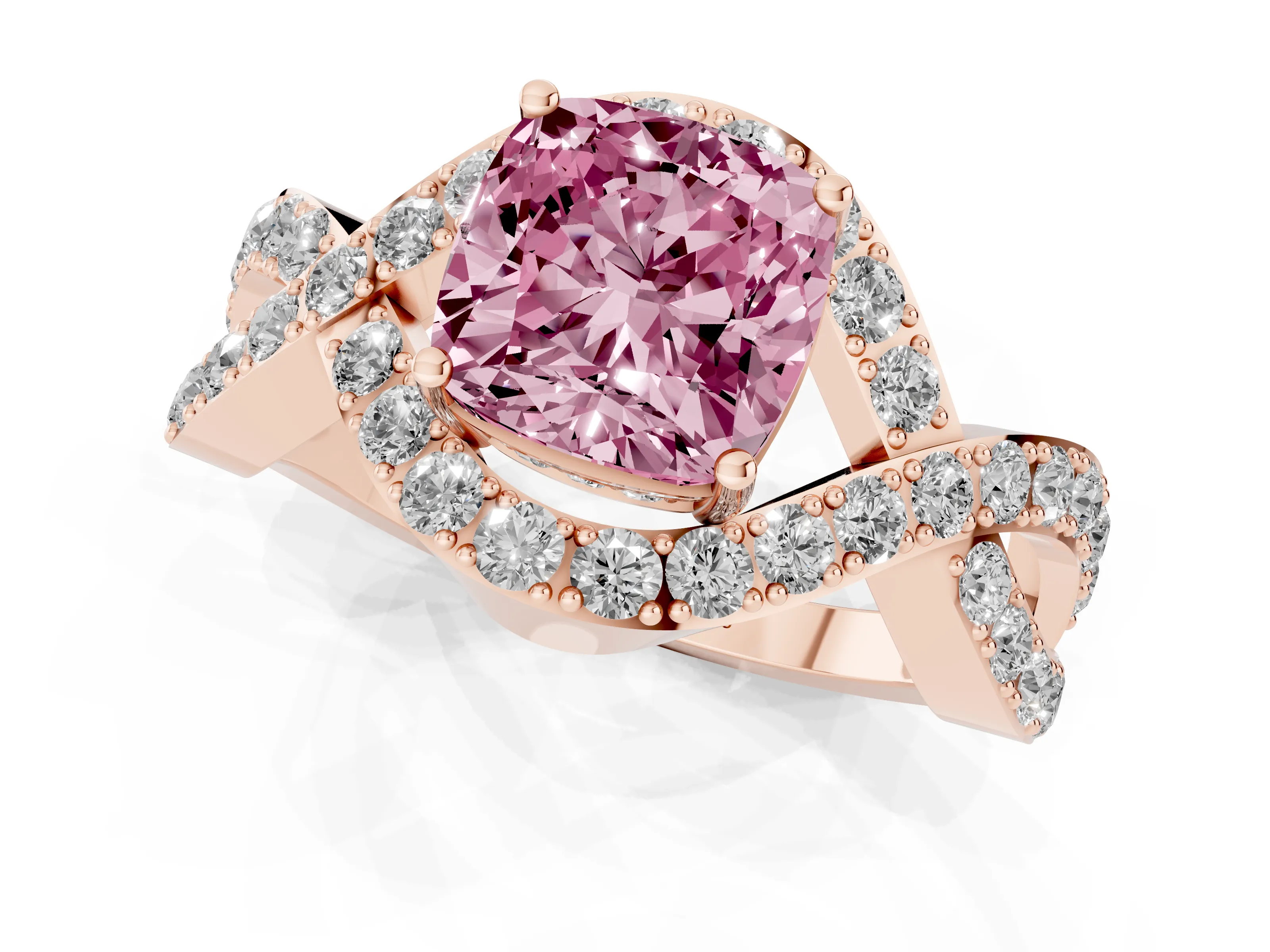 Fancy Pink Cushion Cut Diamond Solitaire Twist Band Pavé Engagement Ring Set in Rose gold