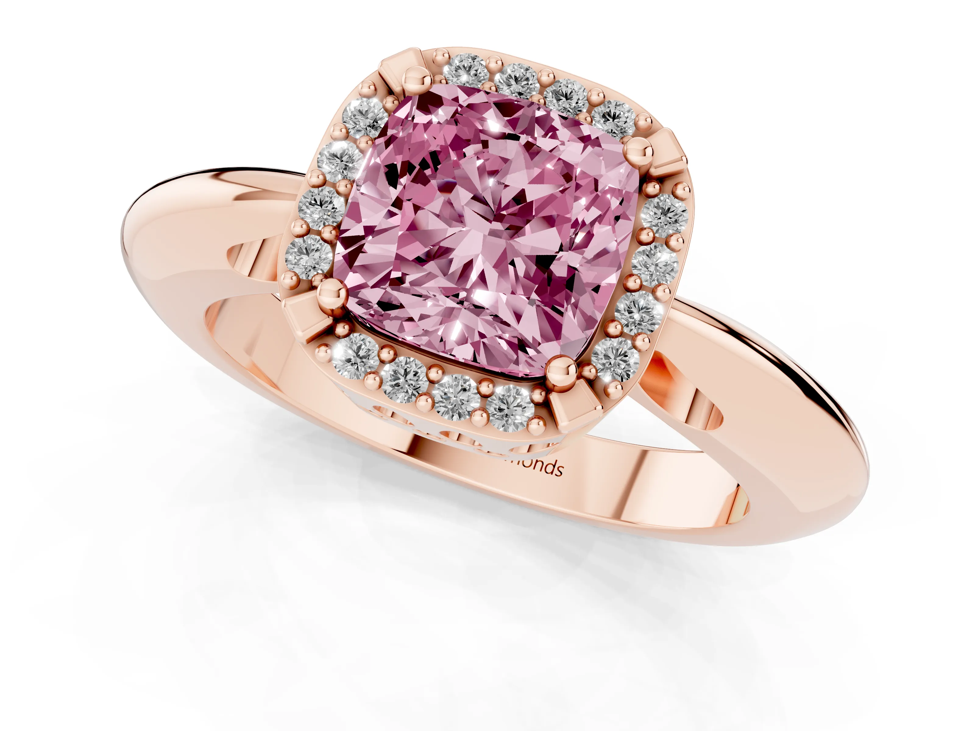 Fancy Pink Cushion Cut Diamond Halo Engagement Ring Set in Rose gold with Plain Split Shank and Prong Setting