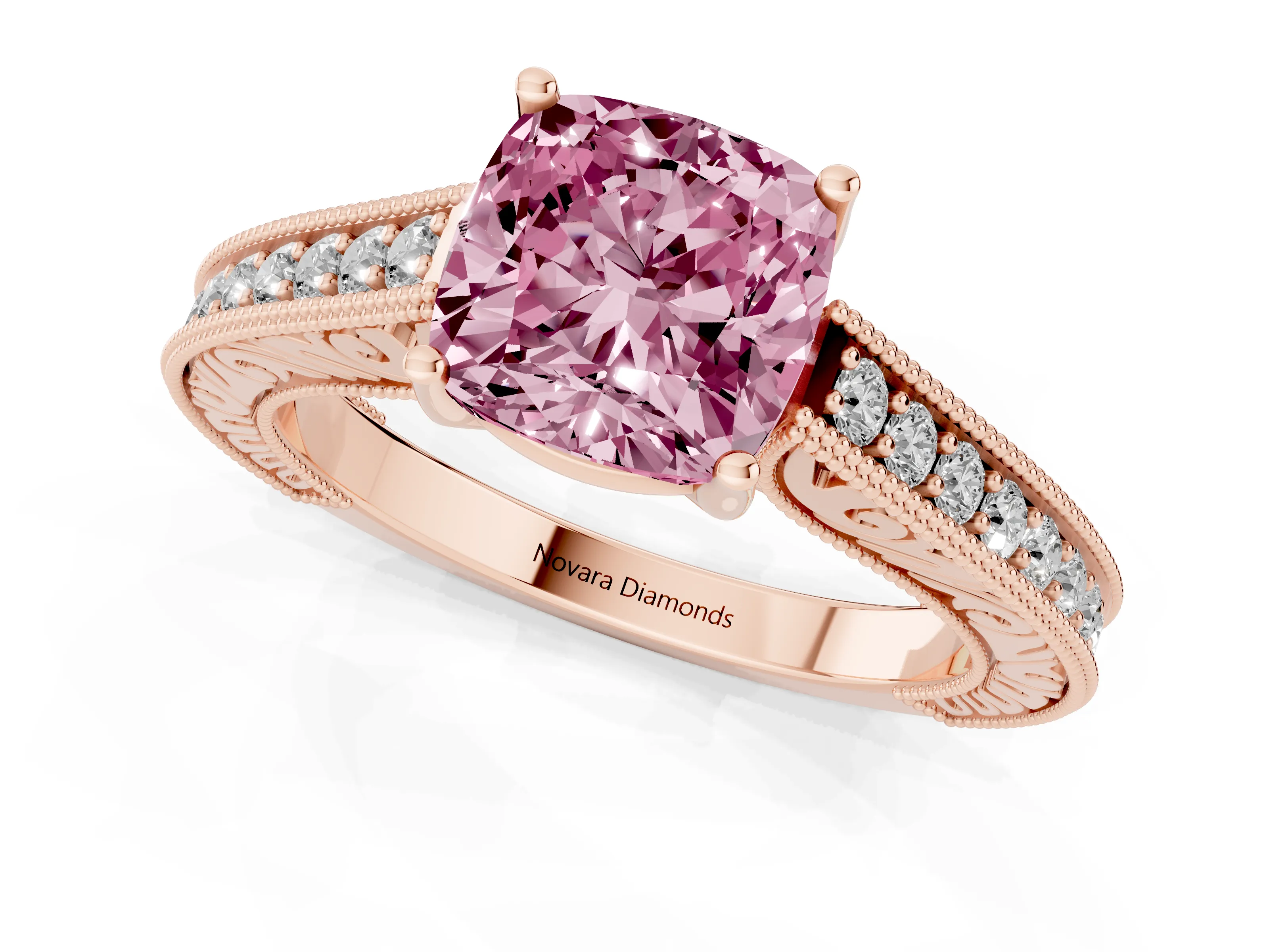 Fancy Pink Cushion Cut Diamond Milgrain Pavé Band Solitaire Ring Set in Rose gold with Prong Setting