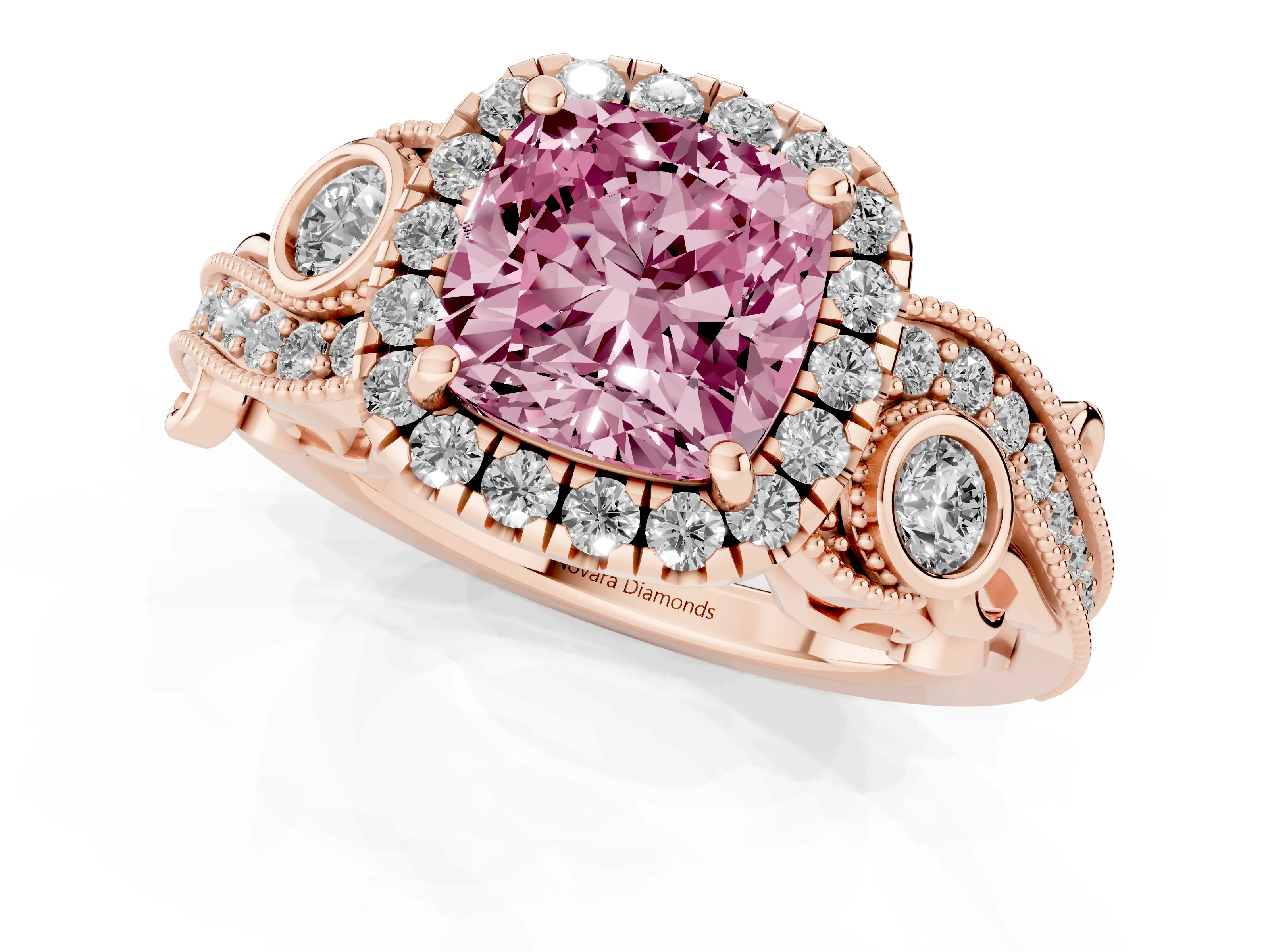 Fancy Pink Cushion Cut Diamond Halo Ring Set in Rose gold with Milgrain Pavé Band and Prong Setting