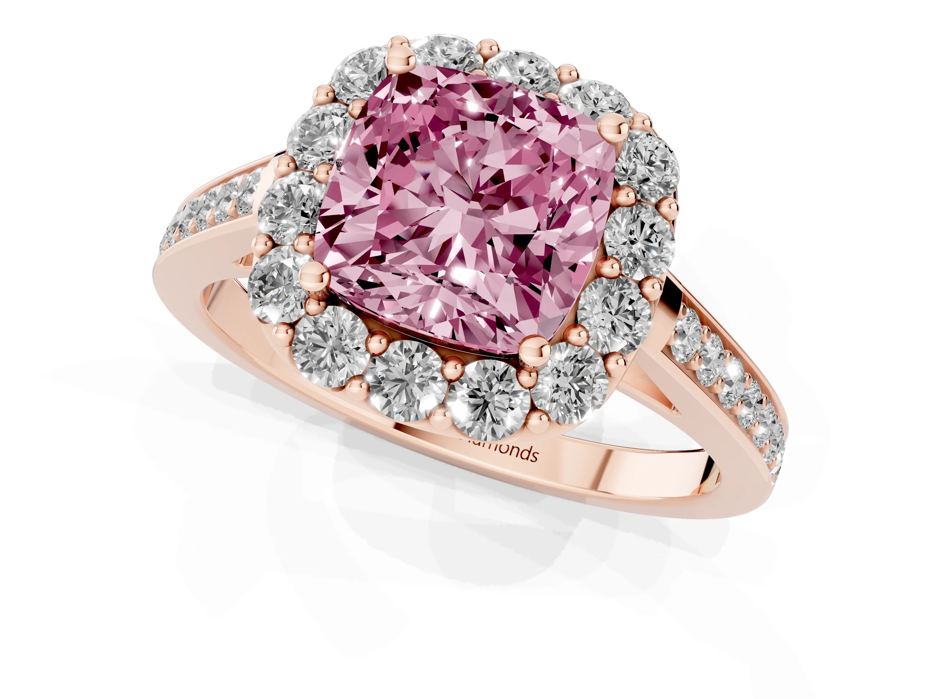 Fancy Pink Cushion Cut Diamond Floral Halo Ring Set in Rose gold with Pavé Band and Prong Setting