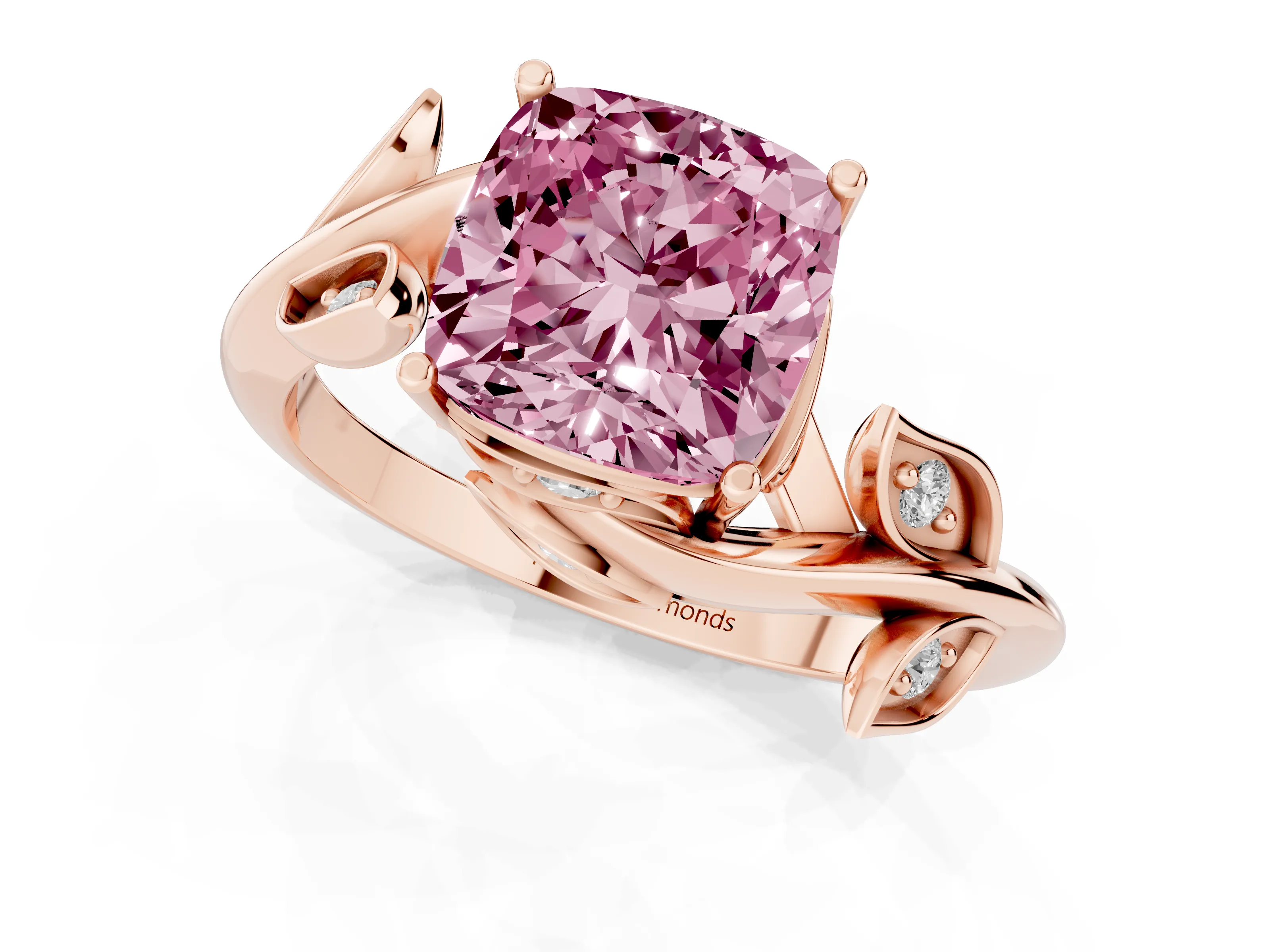 Fancy Pink Cushion Cut Diamond Solitaire Twist Engagement Ring Set in Rose gold with Pavé Leaf Accents