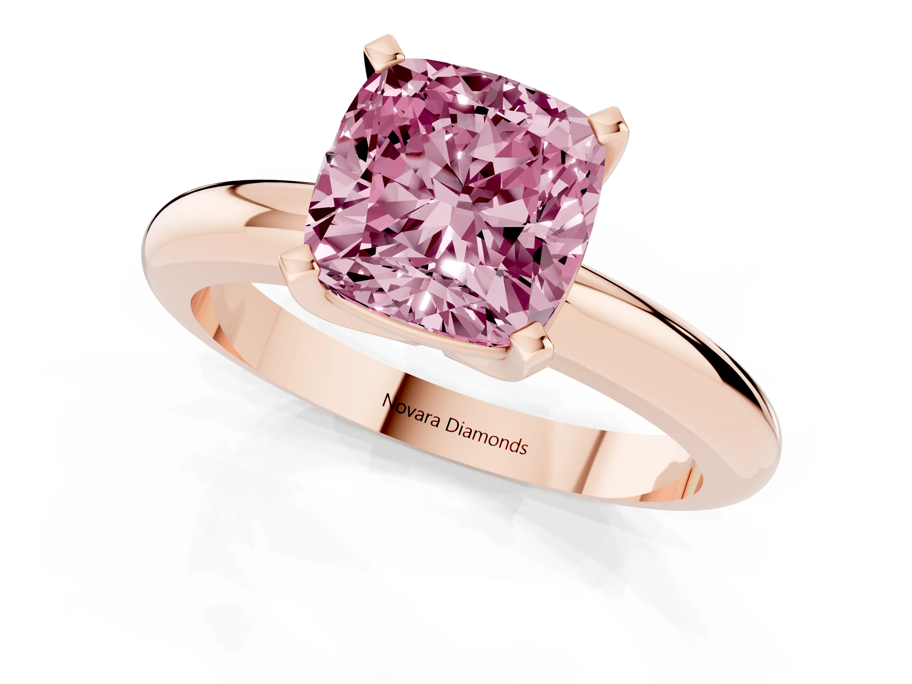 Fancy Pink Cushion Cut Diamond Solitaire Engagement Ring Set in Rose gold with Round Band and Prong Setting