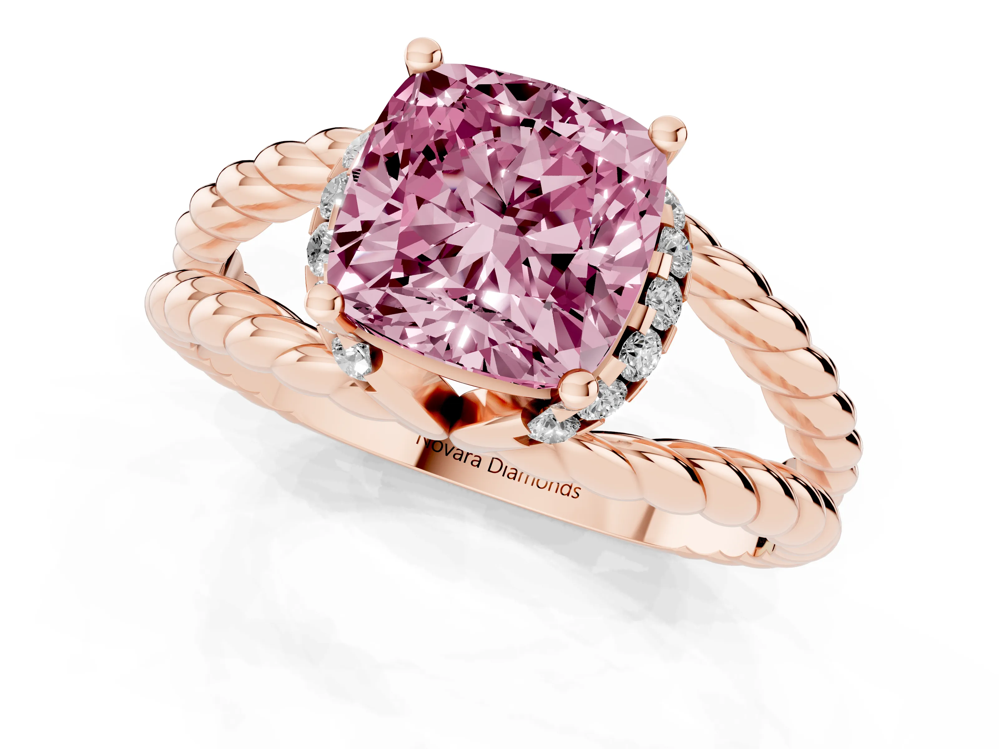 Fancy Pink Cushion Cut Diamond Halo Ring Set in Rose gold with Twisted Band and Prong Setting