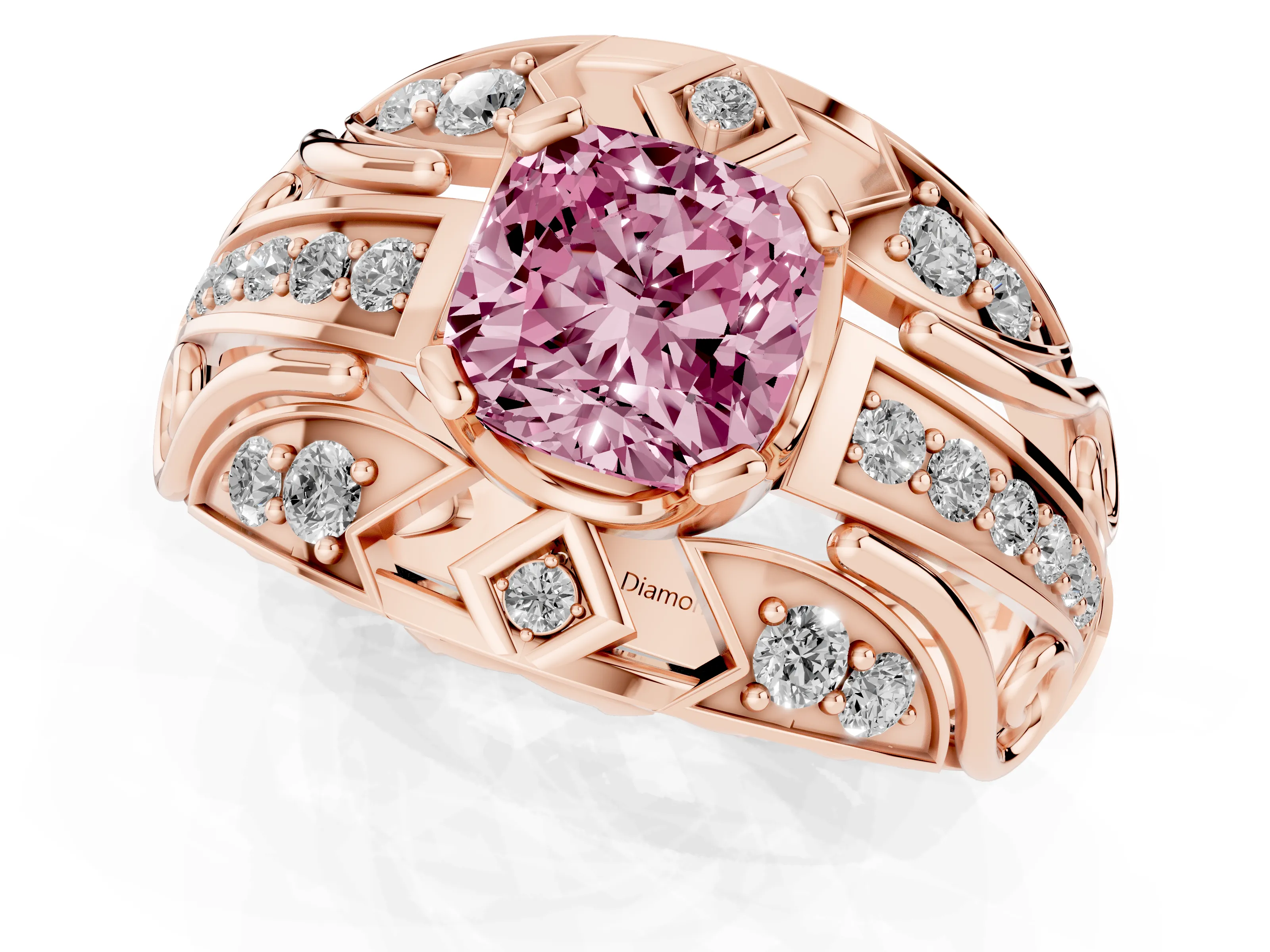 Fancy Pink Cushion Cut Diamond Art Deco Ring Set in Rose gold with Pavé Split Shank