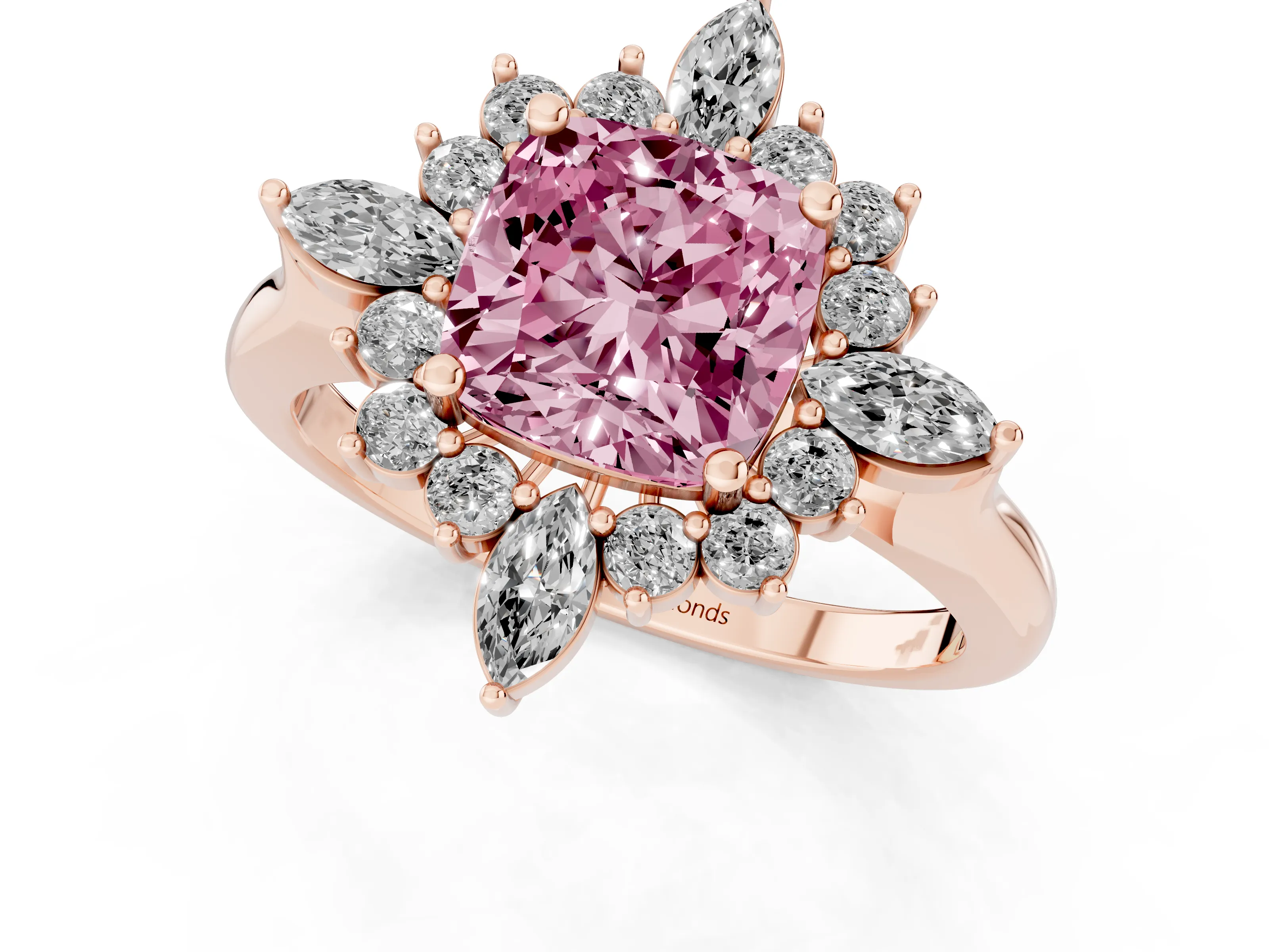 Fancy Pink Cushion Cut Diamond Cluster Halo Ring Set in Rose gold with Marquise and Round Accents