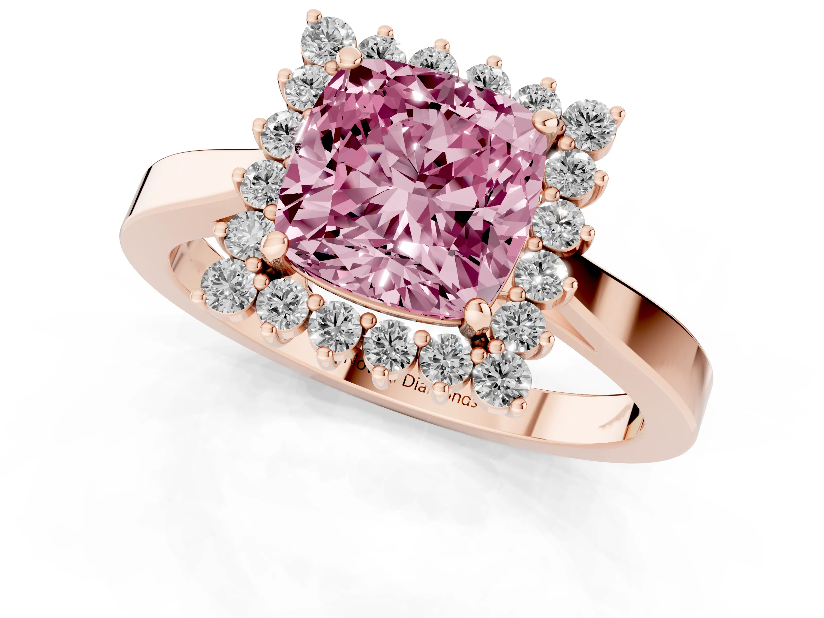 Fancy Pink Cushion Cut Diamond Halo Ring Set in Rose gold with Round Halo and Smooth Solitaire Band