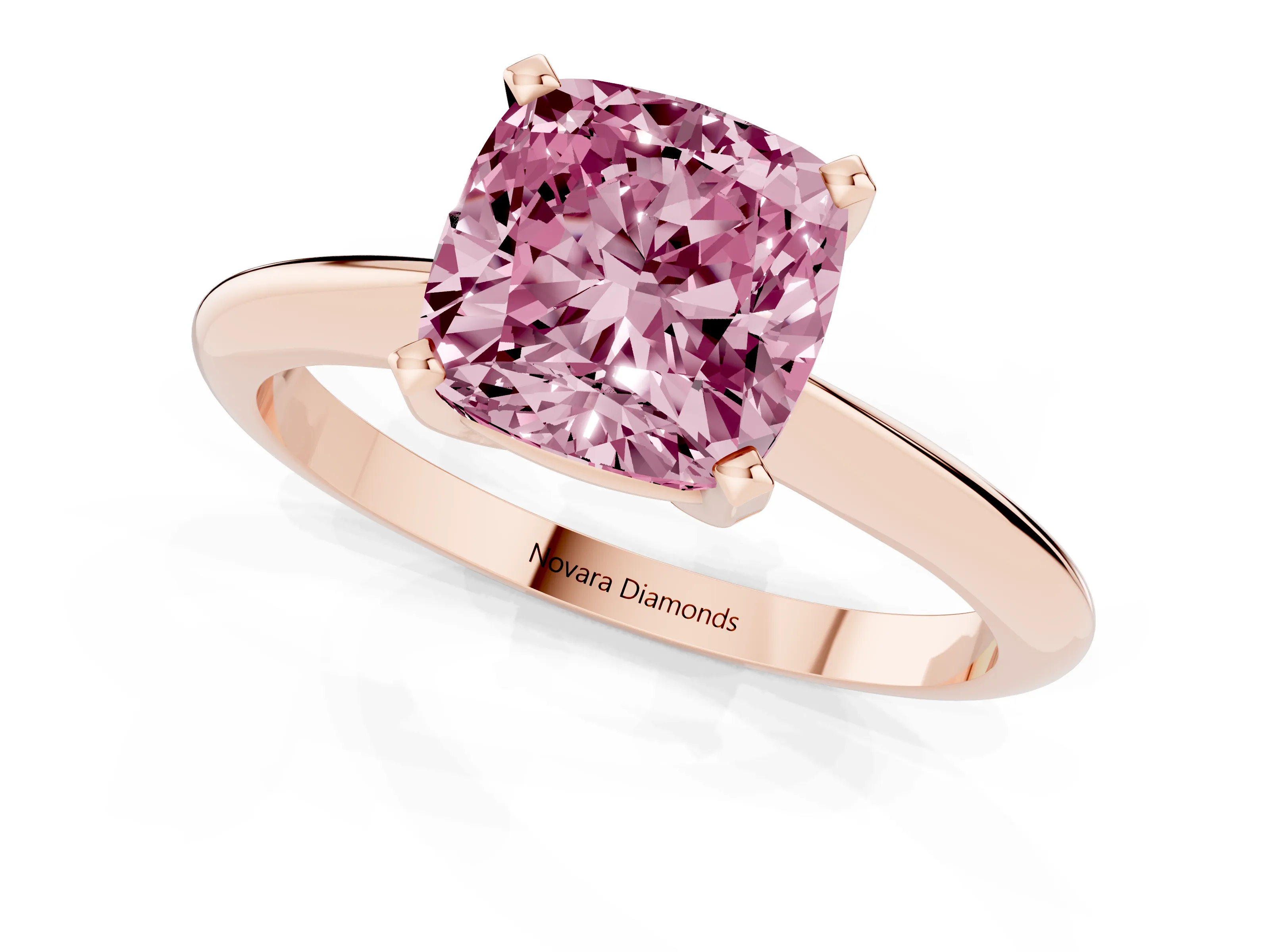 Fancy Pink Cushion Cut Diamond Solitaire Ring Set in Rose gold with Prong Setting on a Plain Round Band