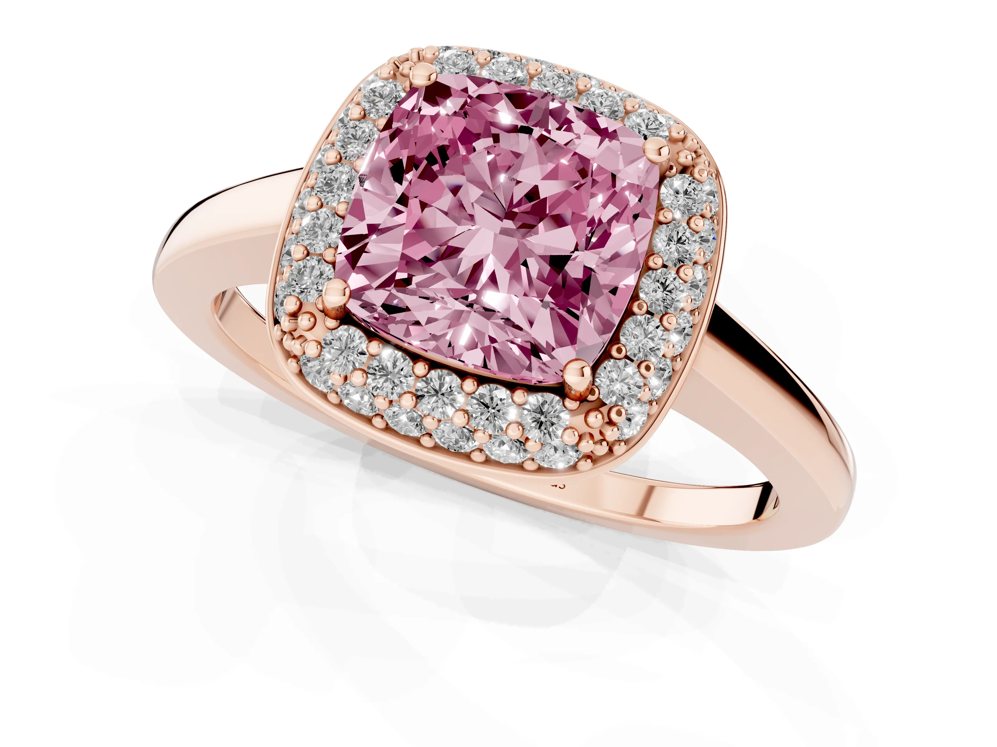 Fancy Pink Cushion Cut Diamond Halo Engagement Ring Set in Rose gold with Solitaire Band and Prong Setting