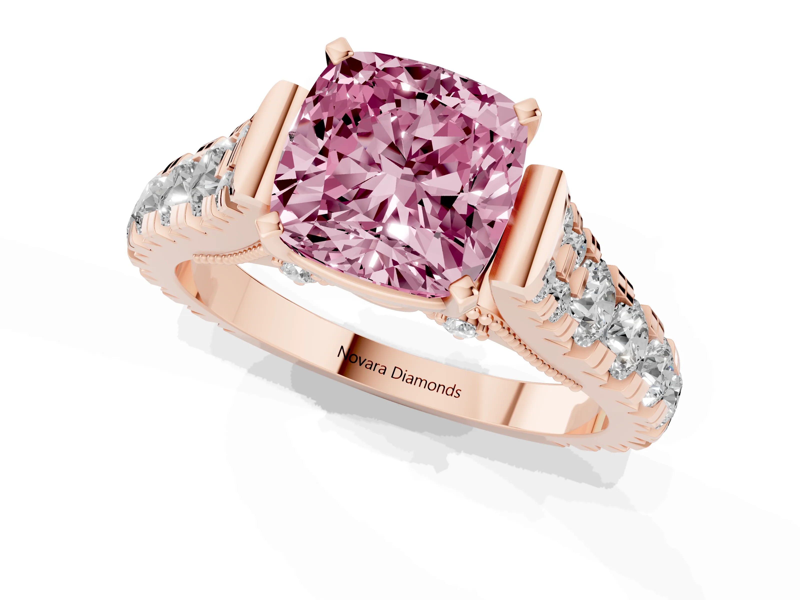 Fancy Pink Cushion Cut Diamond Classic Solitaire Ring Set in Rose gold with Pavé Band and Prong Setting