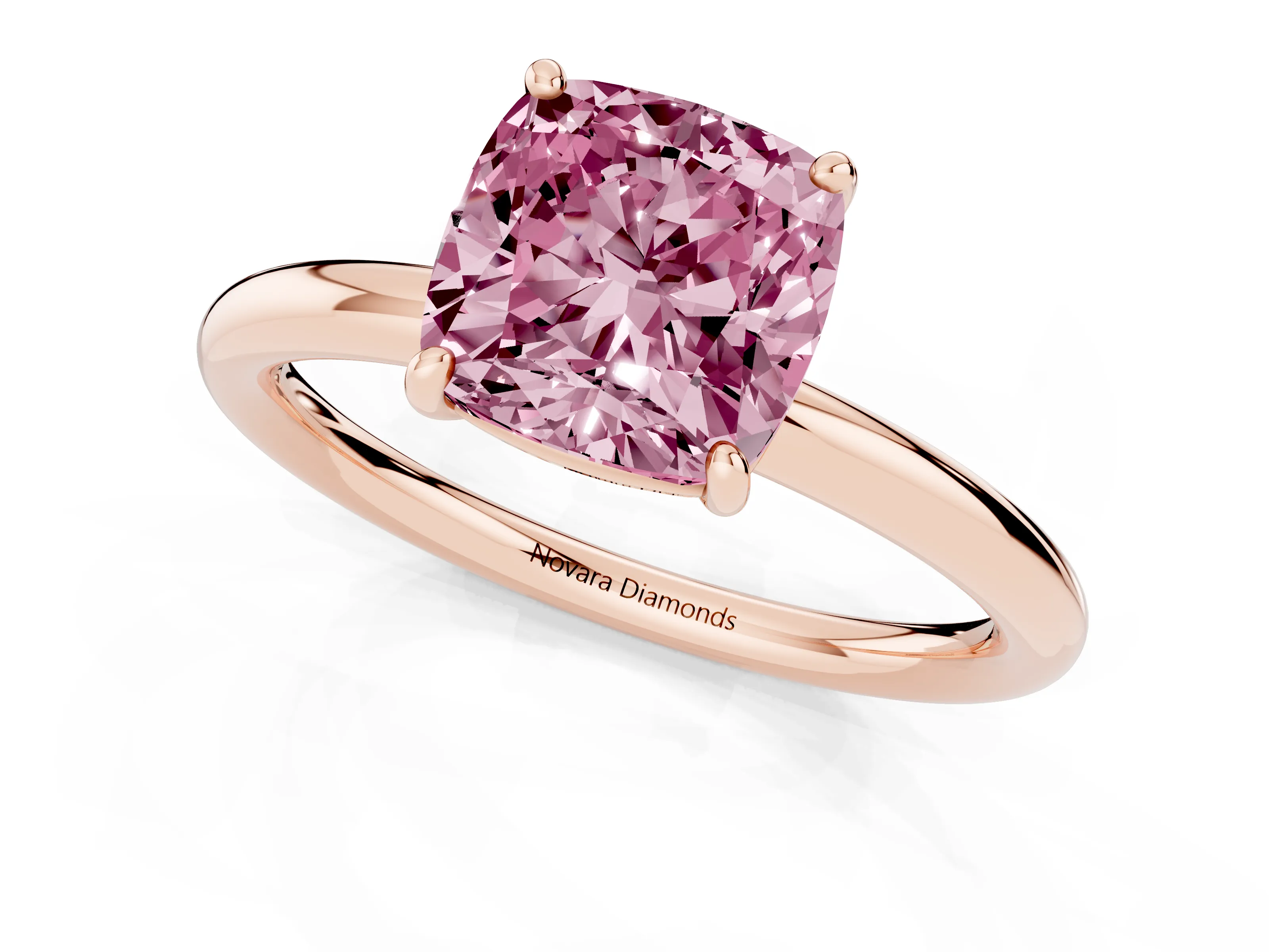 Fancy Pink Cushion Cut Diamond Solitaire Ring Set in Rose gold with Prong Setting on a Polished Plain Band