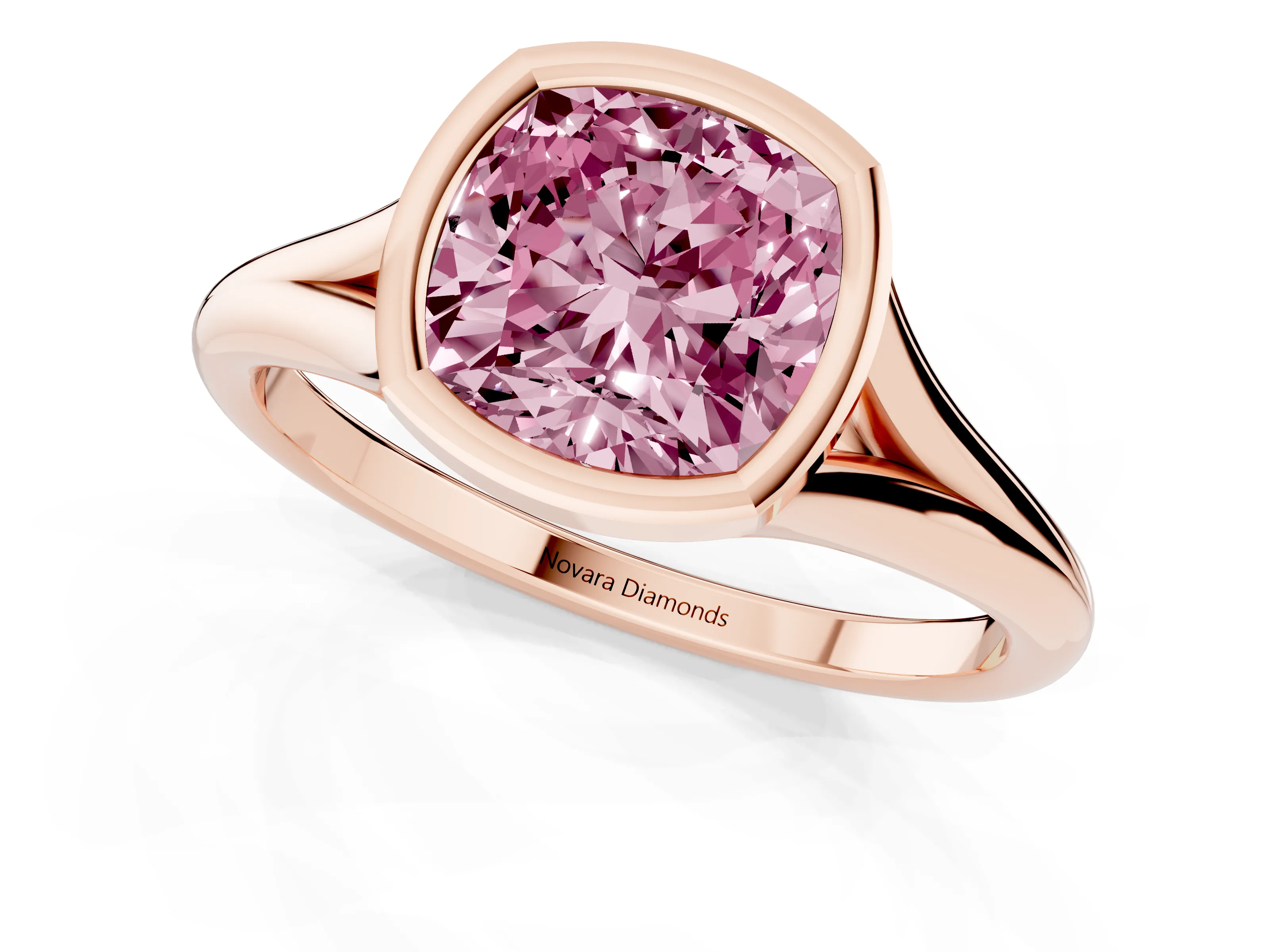Fancy Pink Bezel Set Cushion Cut Diamond Solitaire Ring Set in Rose gold with Tapered Band