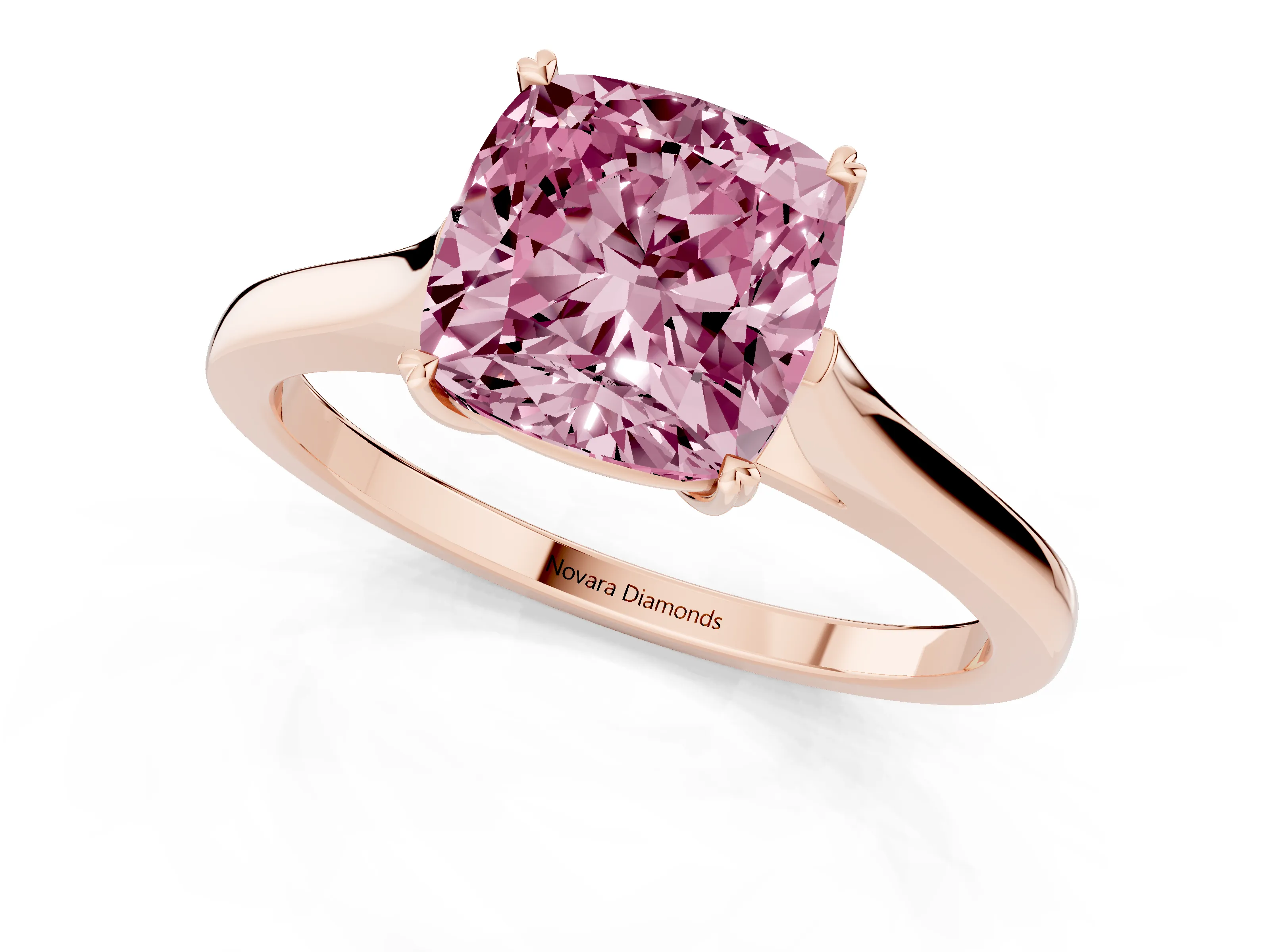 Fancy Pink Cushion Cut Diamond Solitaire Heart Prong Engagement Ring Set in Rose gold with Tapered Band