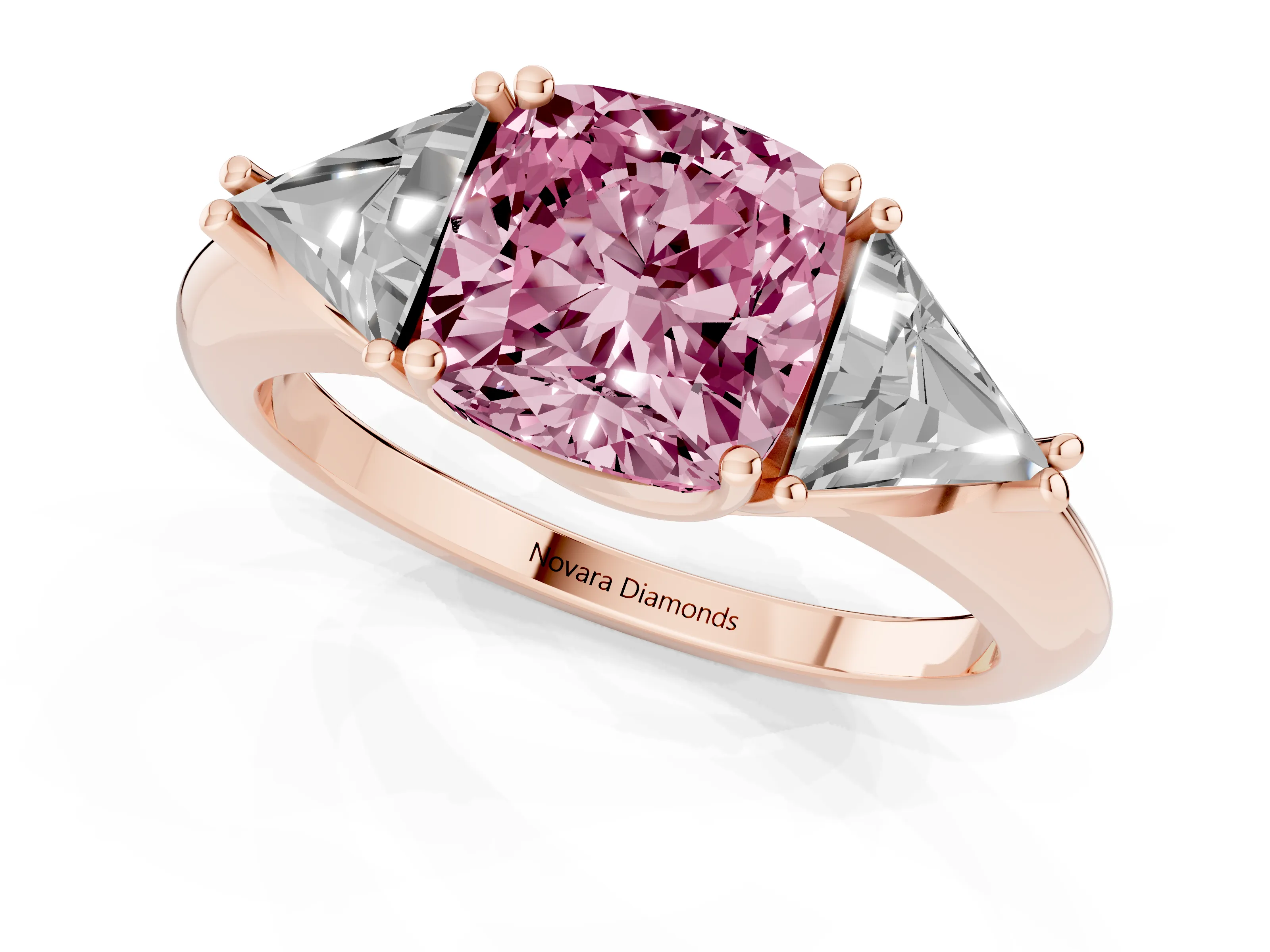 Fancy Pink Cushion Cut Diamond Three-Stone Engagement Ring Set in Rose gold with Trillion Side Stones
