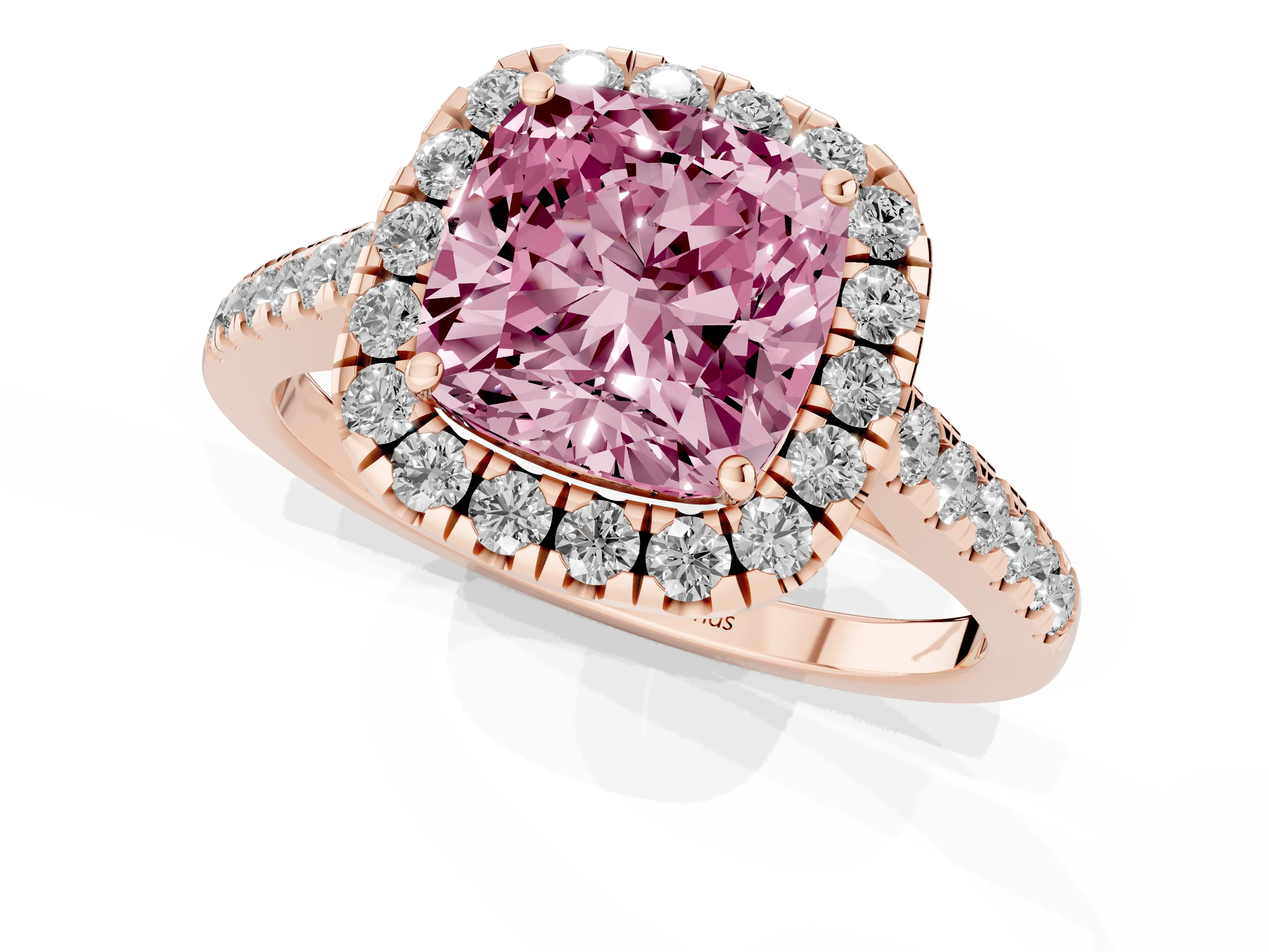 Fancy Pink Cushion Cut Diamond Halo Pavé Engagement Ring Set in Rose gold with Prong Setting