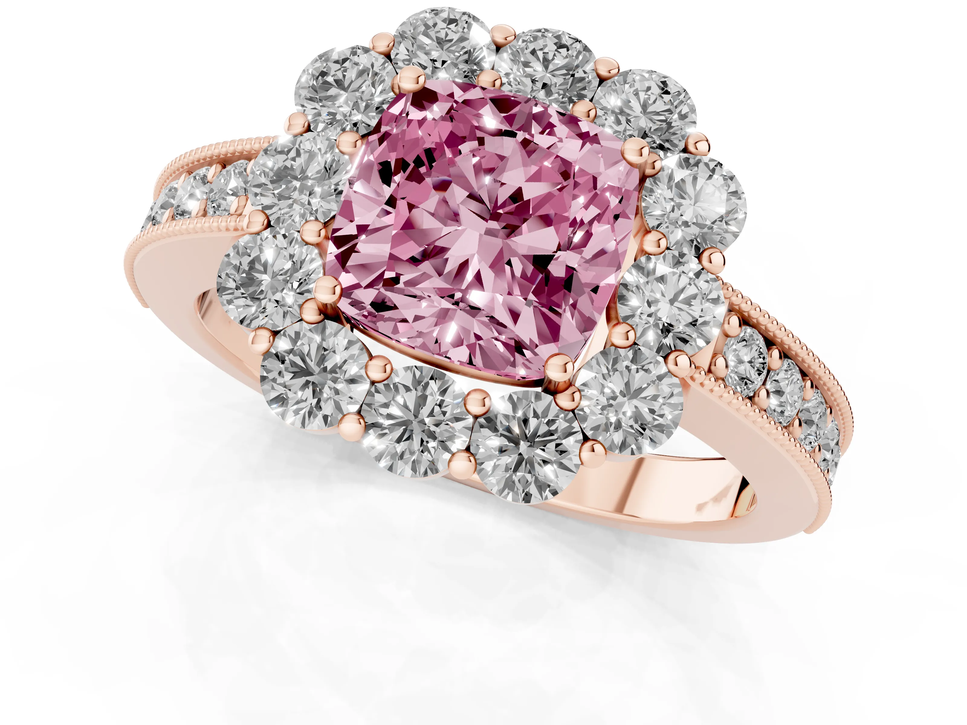 Fancy Pink Cushion Cut Diamond Halo Pavé Engagement Ring Set in Rose gold with Milgrain Detailing