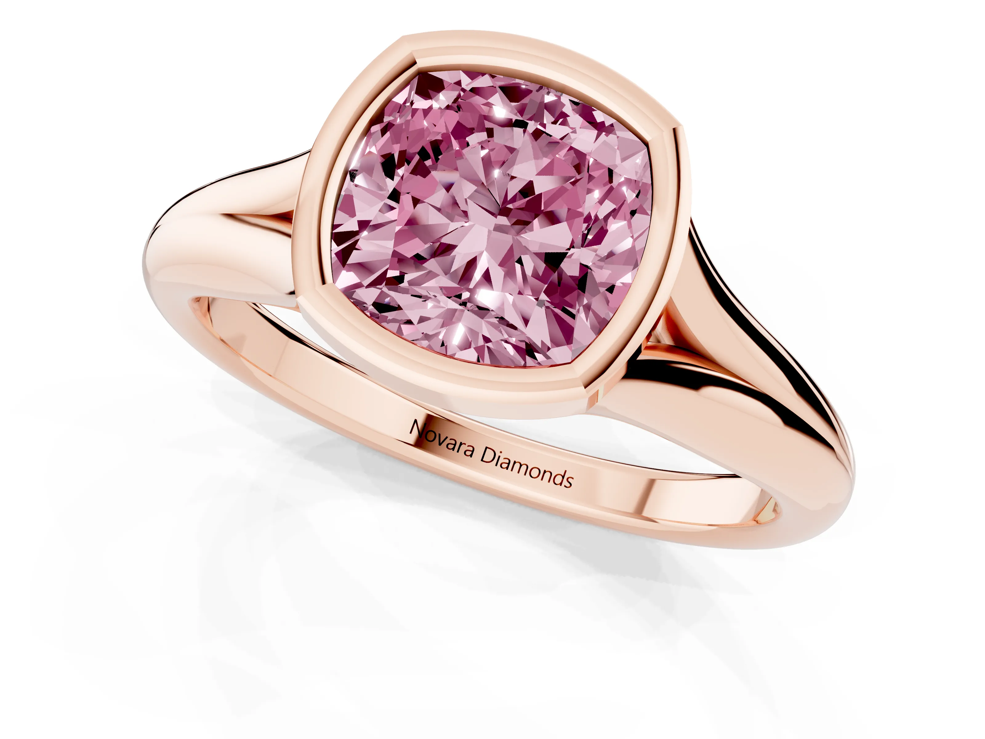 Fancy Pink Bezel Set Cushion Cut Diamond Solitaire Ring Set in Rose gold with Smooth Band