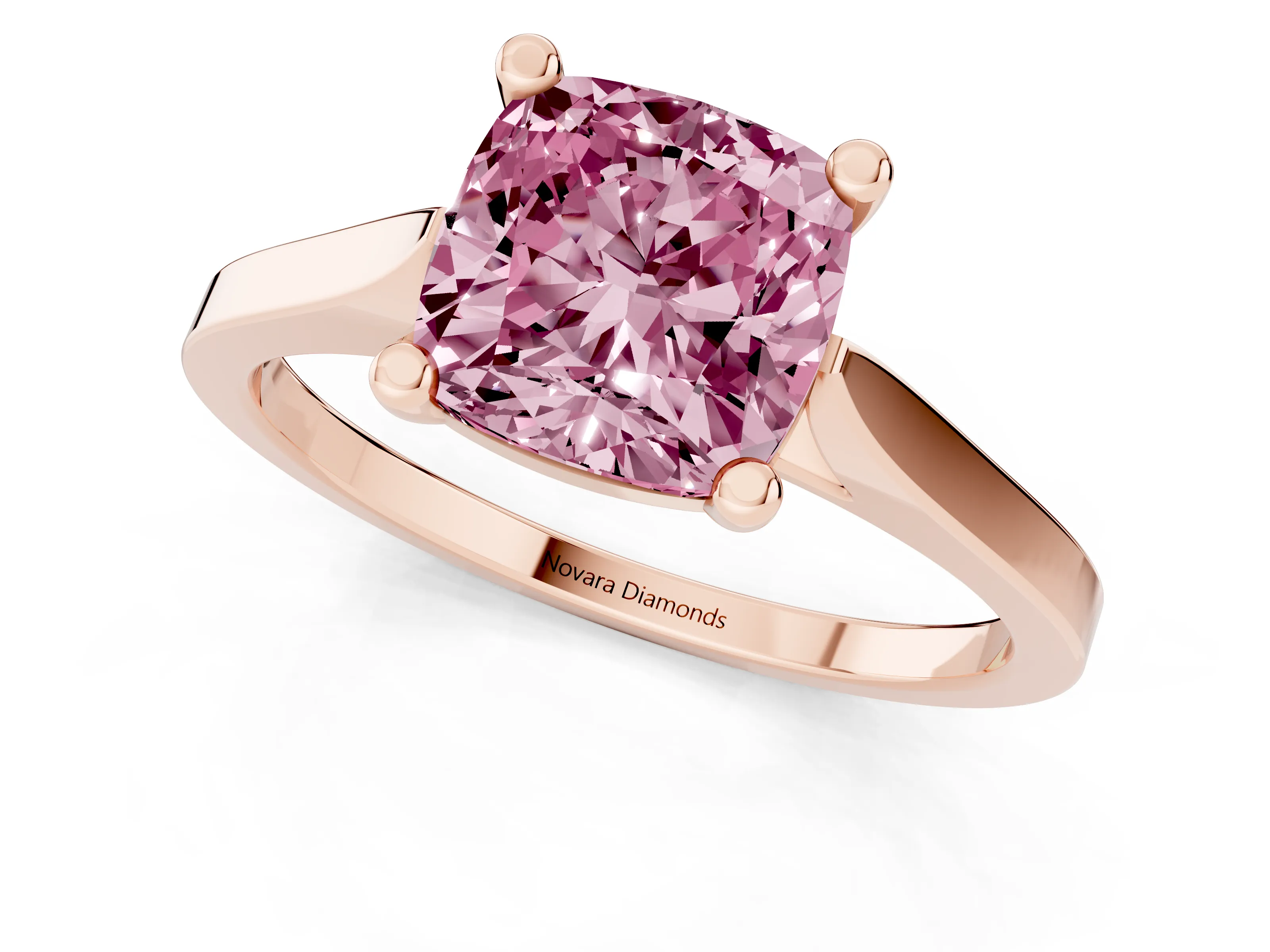 Fancy Pink Cushion Cut Diamond Solitaire Ring Set in Rose gold with Prong Setting and Tapered Band