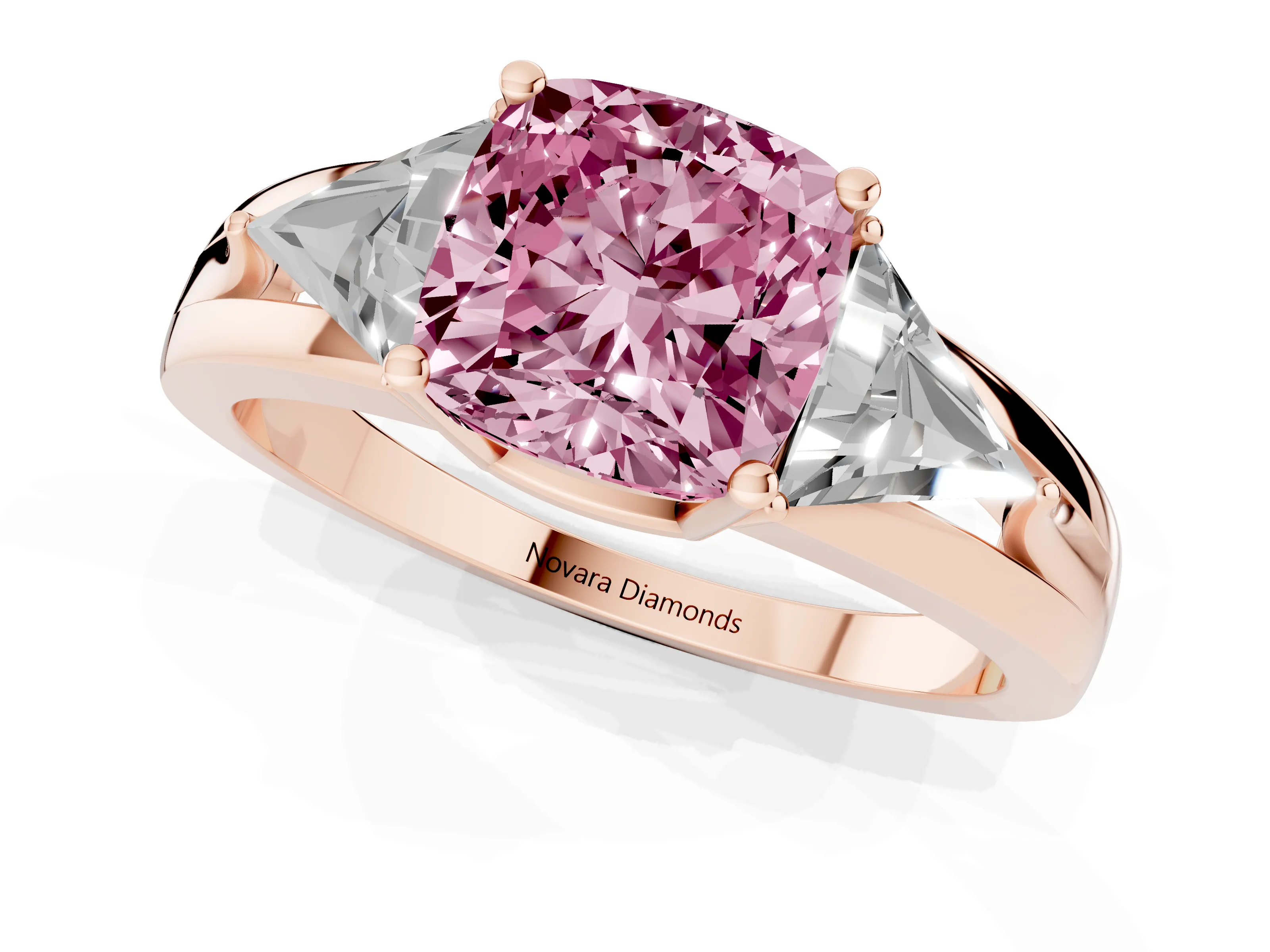Fancy Pink Cushion Cut Diamond Three-Stone Ring Set in Rose gold with Trillion Side Stones and Split Shank