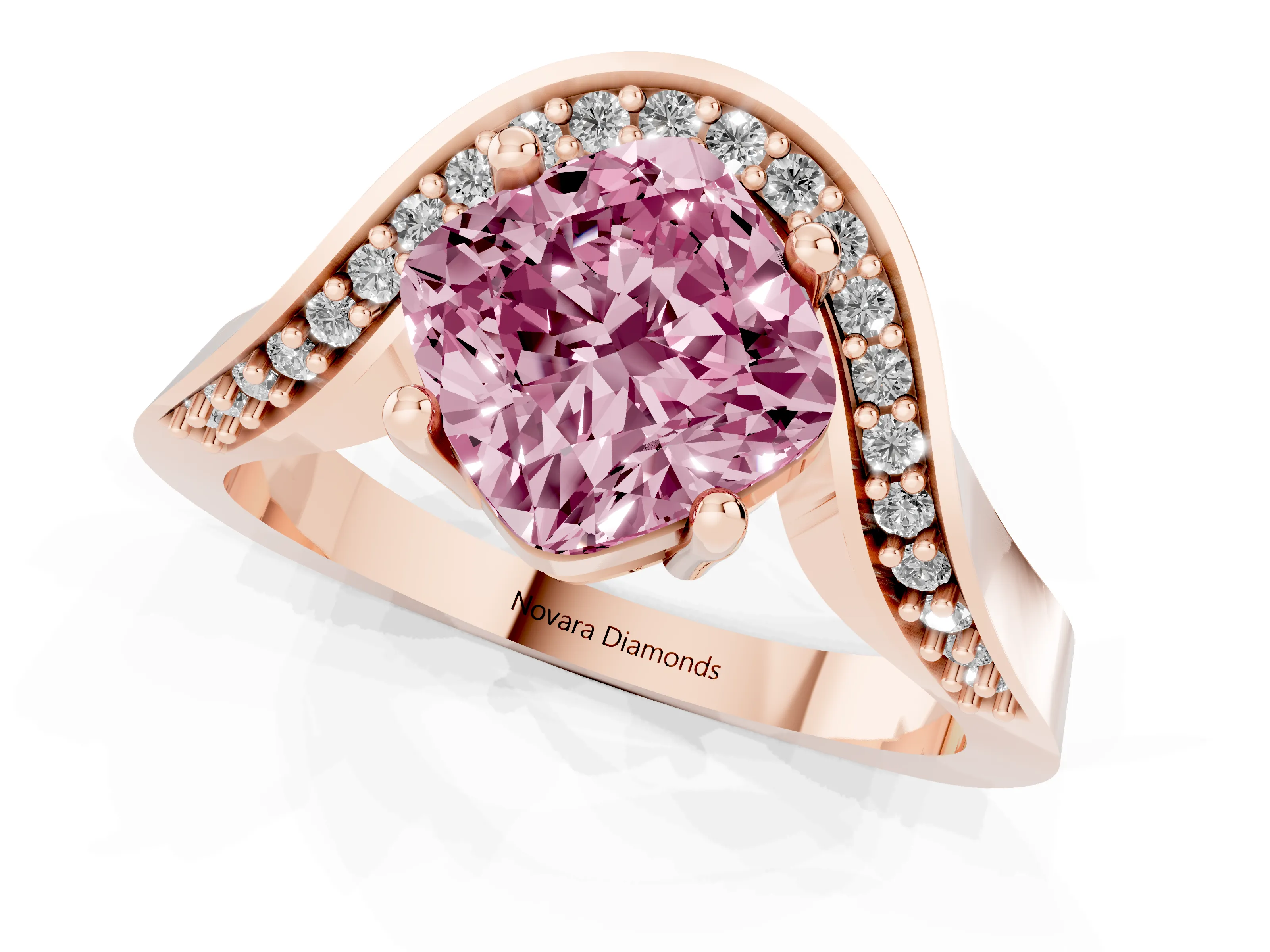 Fancy Pink Cushion Cut Diamond Solitaire Engagement Ring Set in Rose gold with Pavé Shoulders