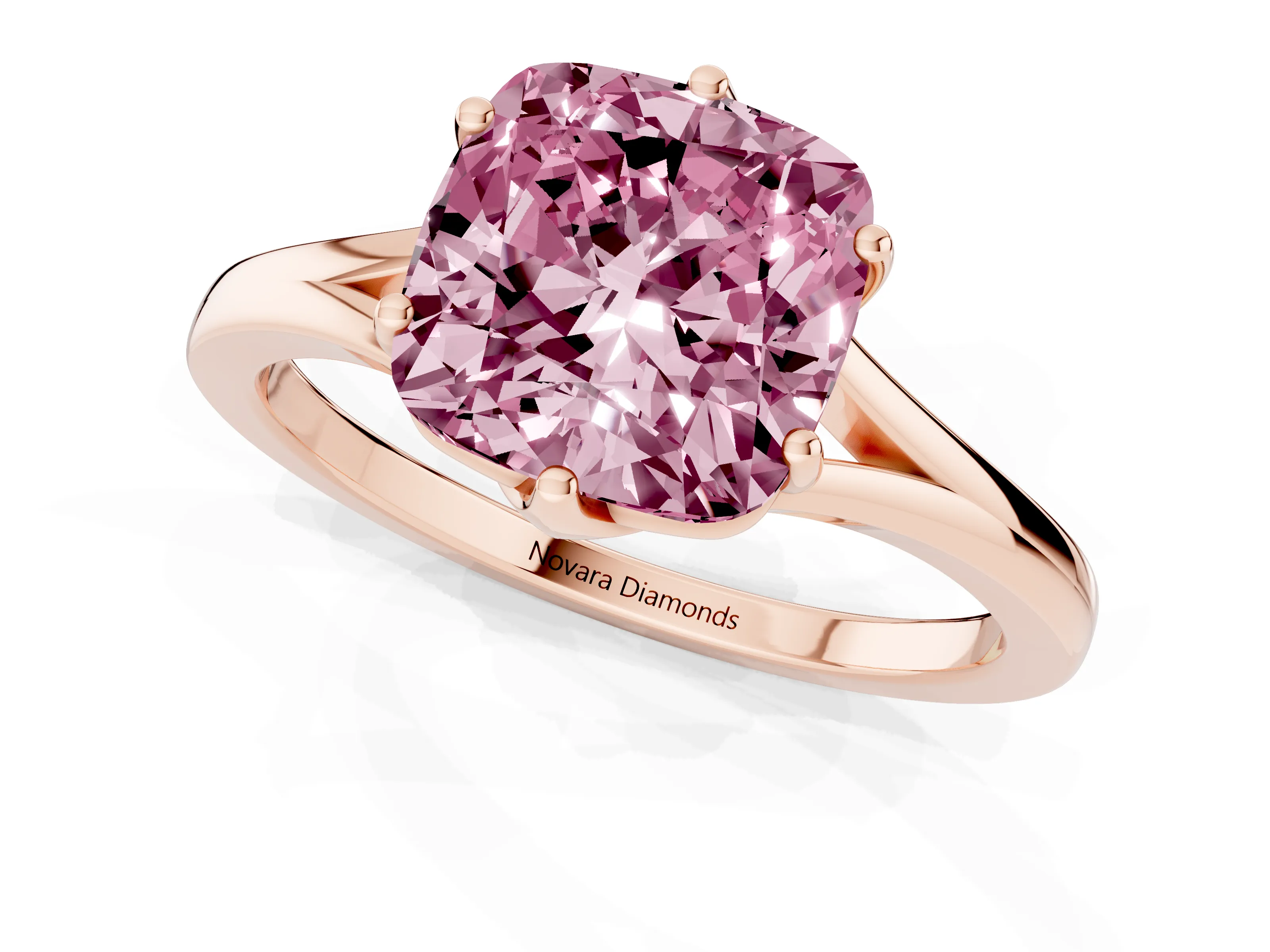 Fancy Pink Cushion Cut Diamond Solitaire Ring Set in Rose gold with Polished Tapered Band and Prong Setting
