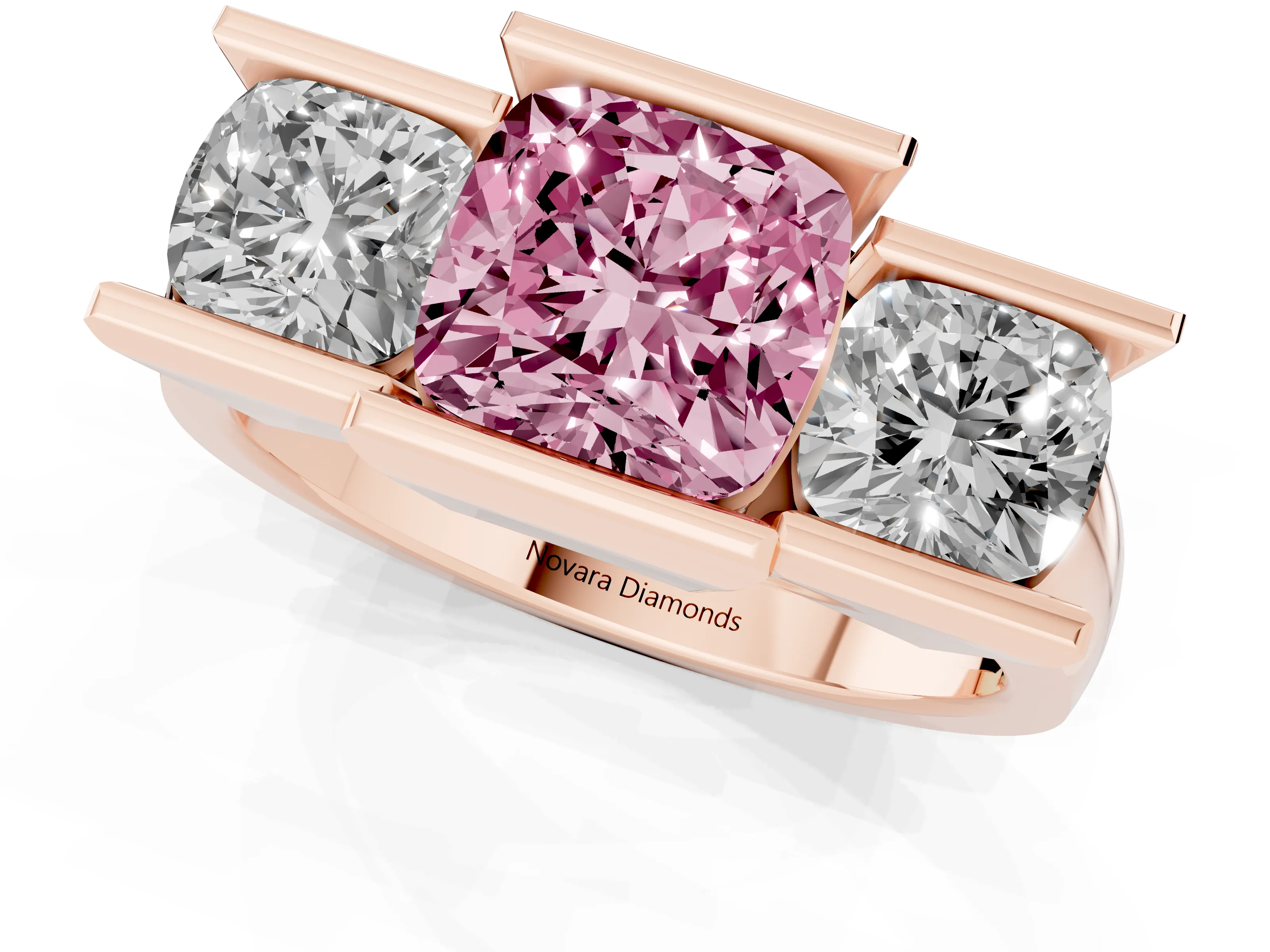 Fancy Pink Cushion Cut Diamond Three-Stone Channel Set Ring Set in Rose gold with Smooth Polished Band