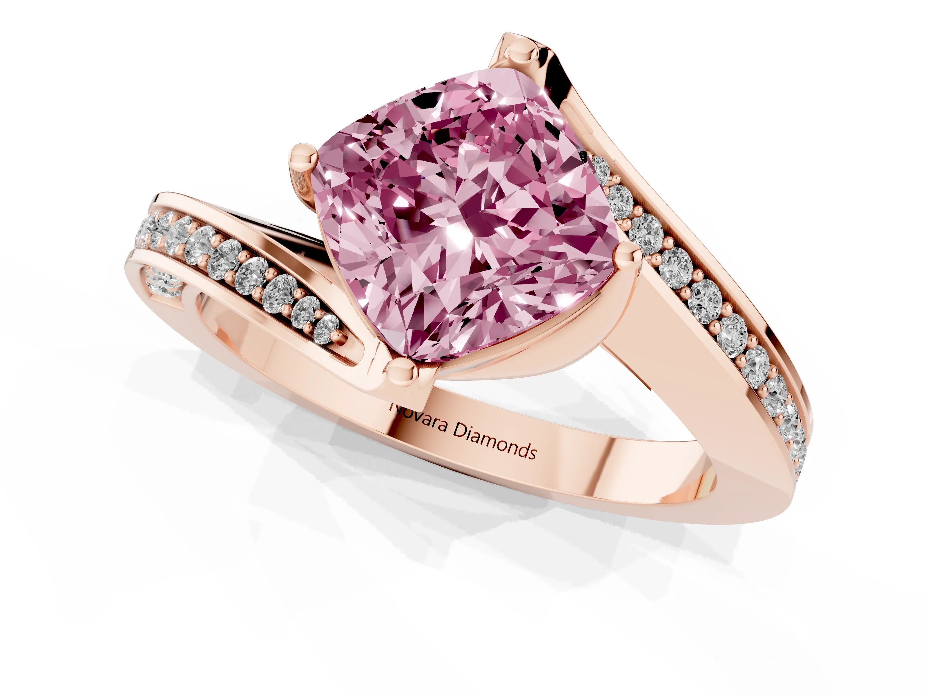 Fancy Pink Cushion Cut Diamond Solitaire Ring Set in Rose gold with Intertwined Pavé Twist Band