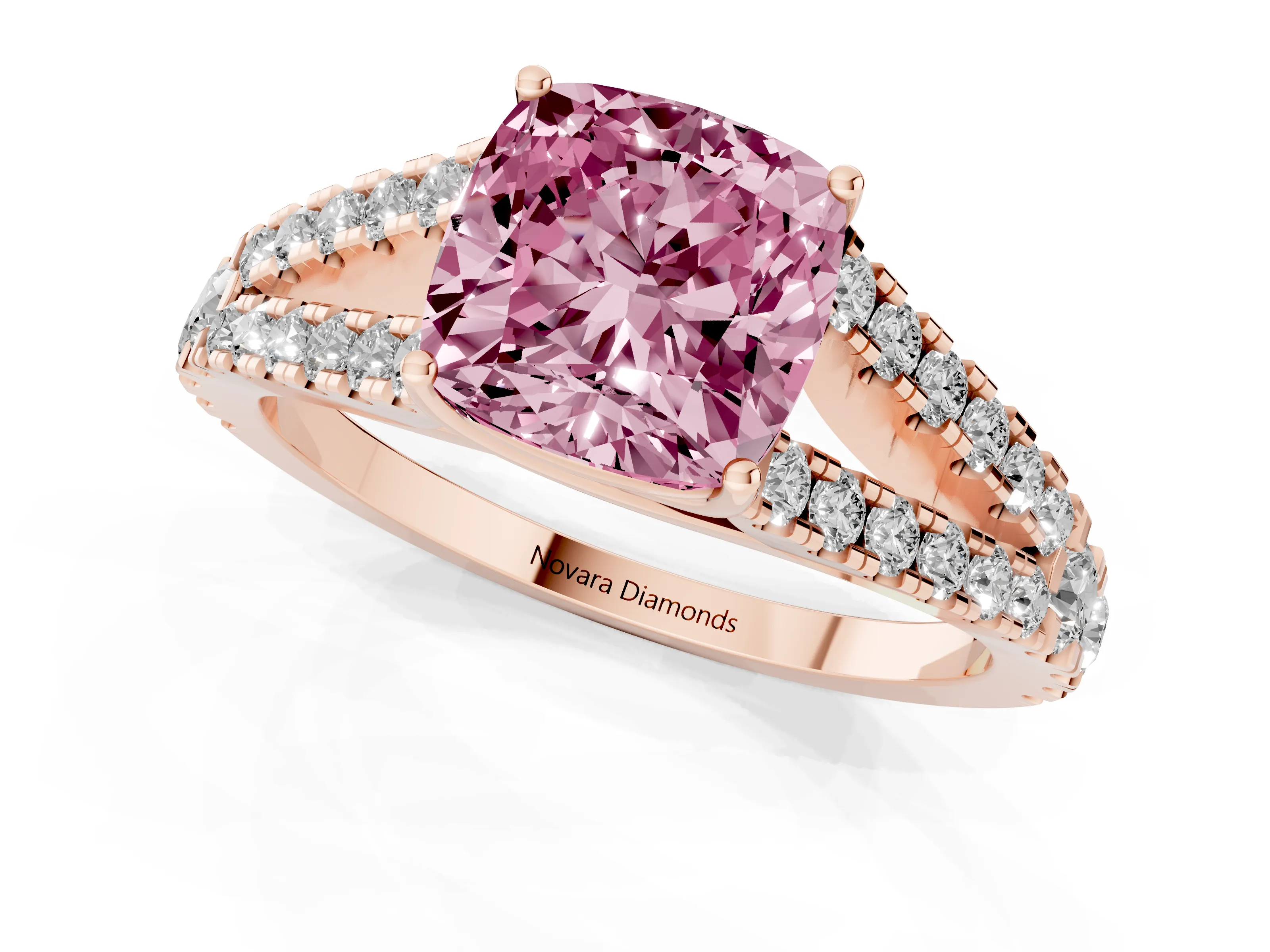 Fancy Pink Cushion Cut Diamond Split Shank Pavé Engagement Ring Set in Rose gold with Prong-Held Center Stone