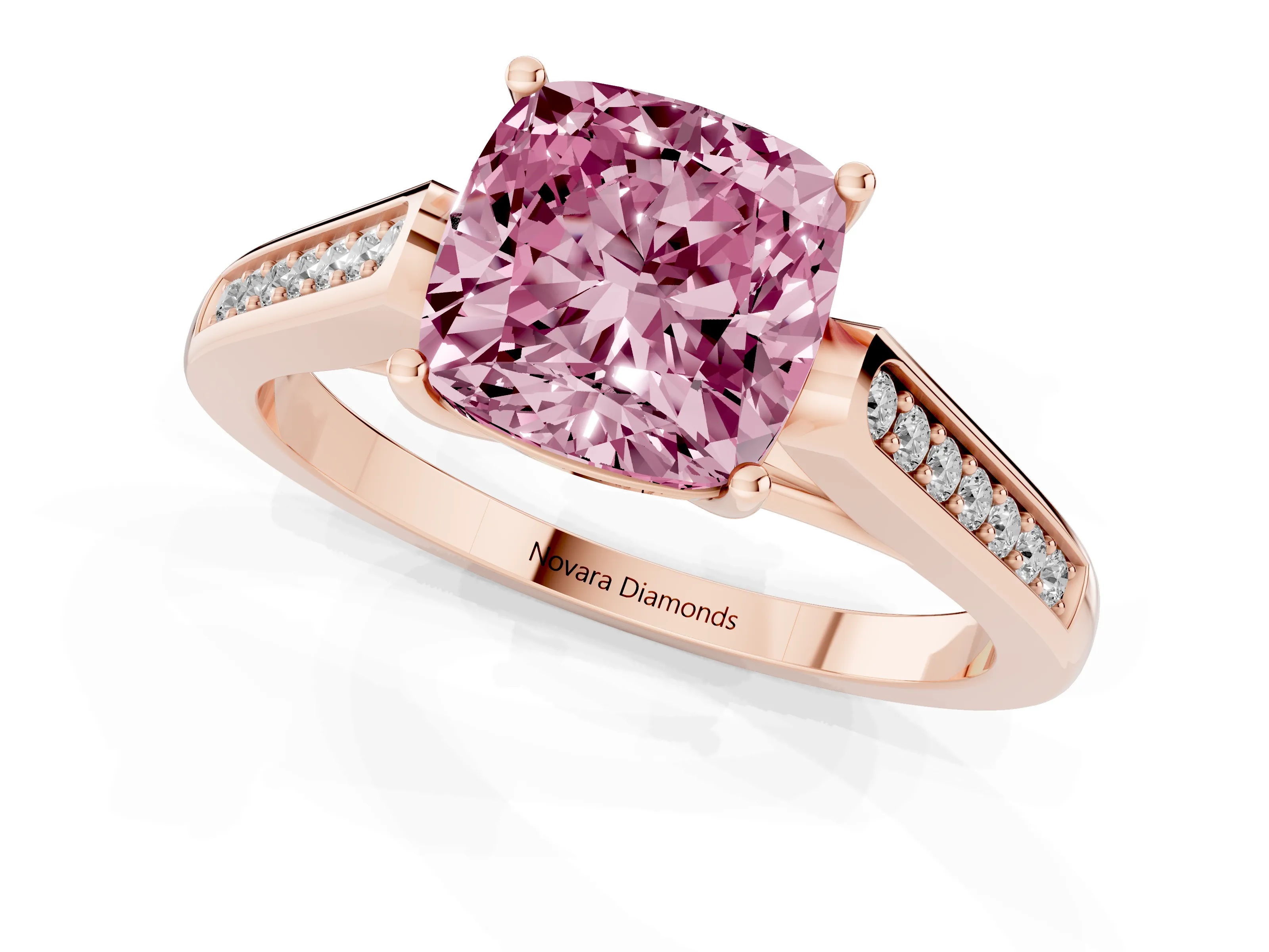 Fancy Pink Cushion Cut Diamond Solitaire Cathedral Engagement Ring Set in Rose gold with Channel-Set Band and Prong Setting