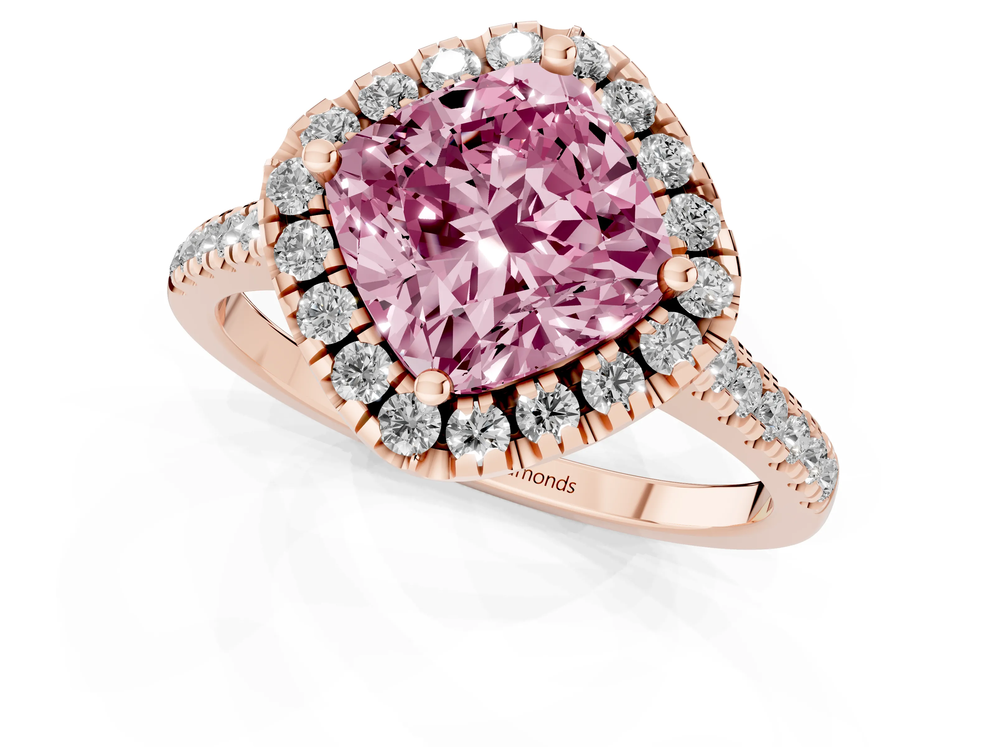 Fancy Pink Cushion Cut Diamond Cushion Halo Ring Set in Rose gold with Pavé Band