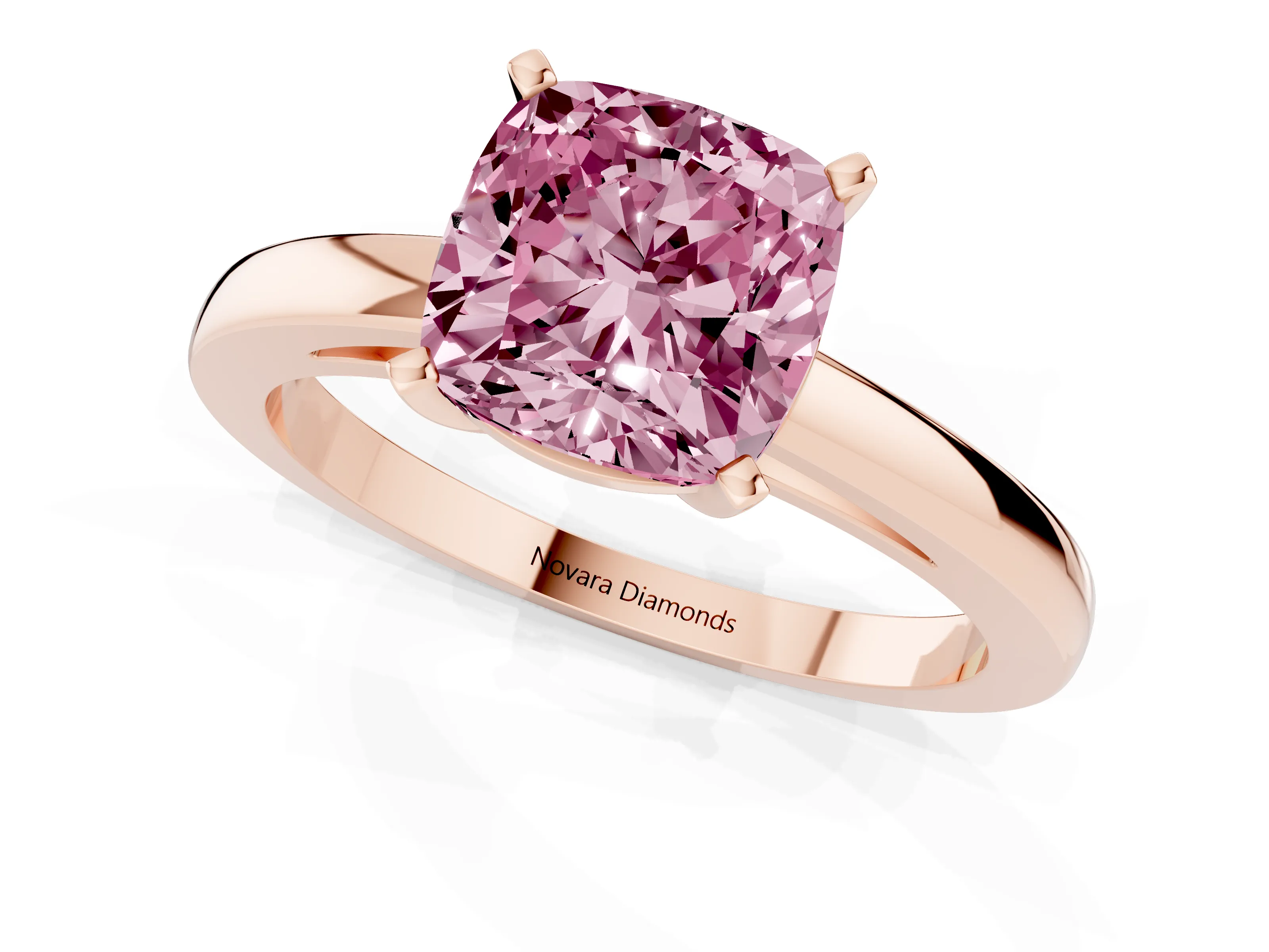 Fancy Pink Cushion Cut Diamond Solitaire Engagement Ring Set in Rose gold with Prong Setting on a Classic Band