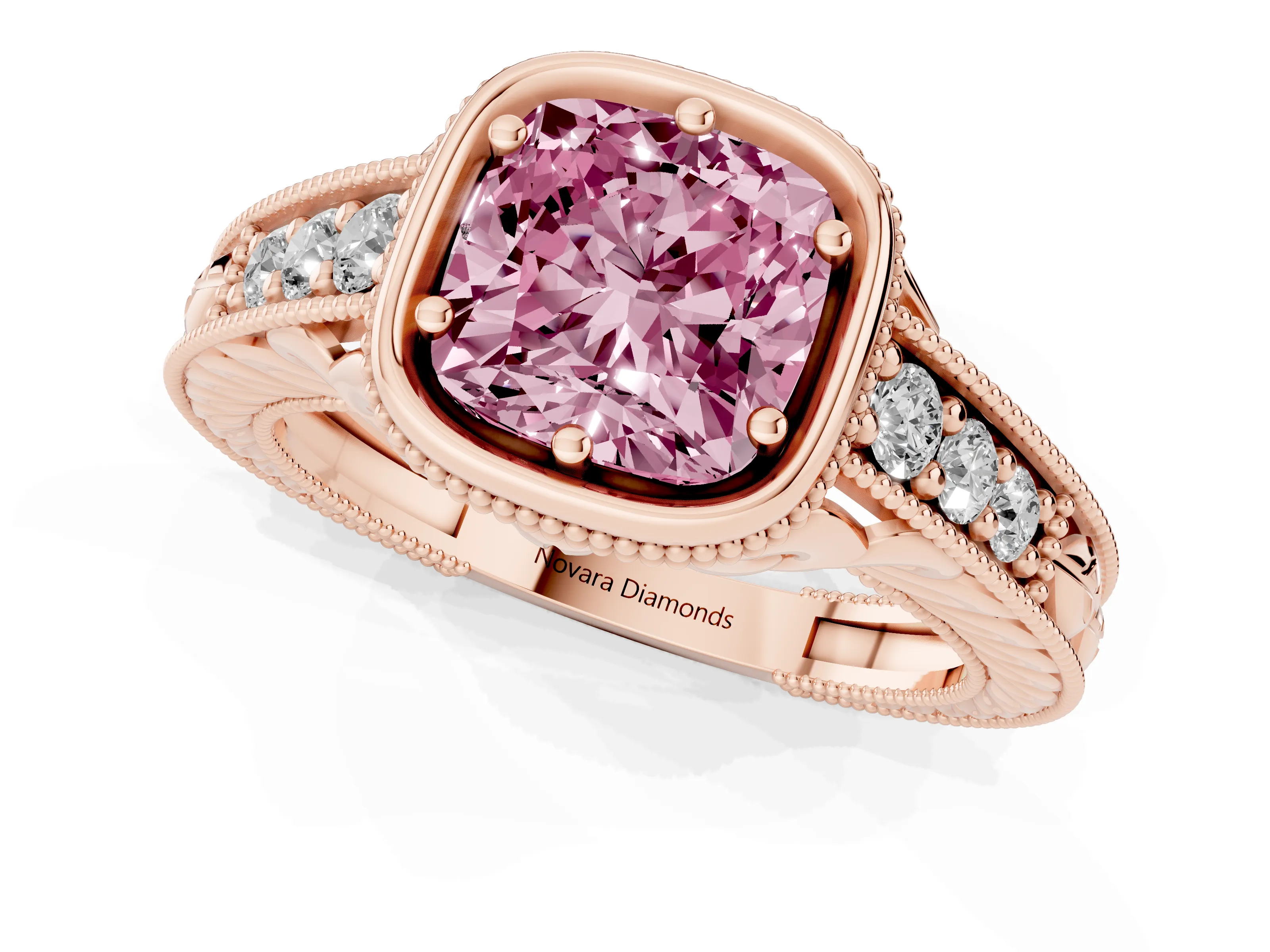 Fancy Pink Bezel Set Cushion Cut Diamond Milgrain Pavé Engagement Ring Set in Rose gold