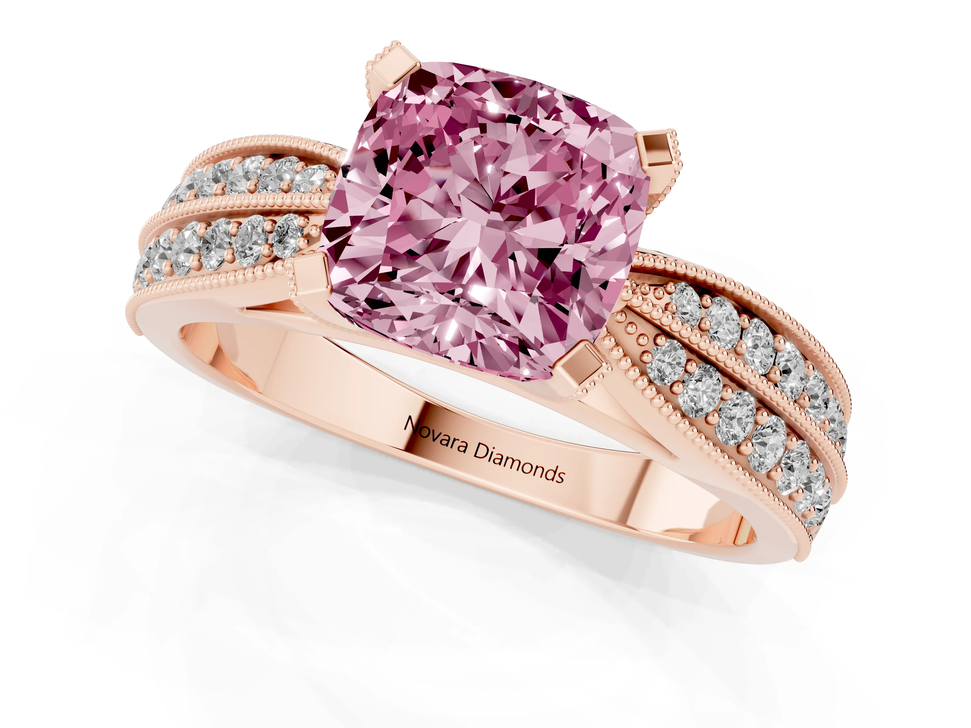 Fancy Pink Cushion Cut Diamond Solitaire Ring Set in Rose gold with Milgrain Double Row Round Pavé Band