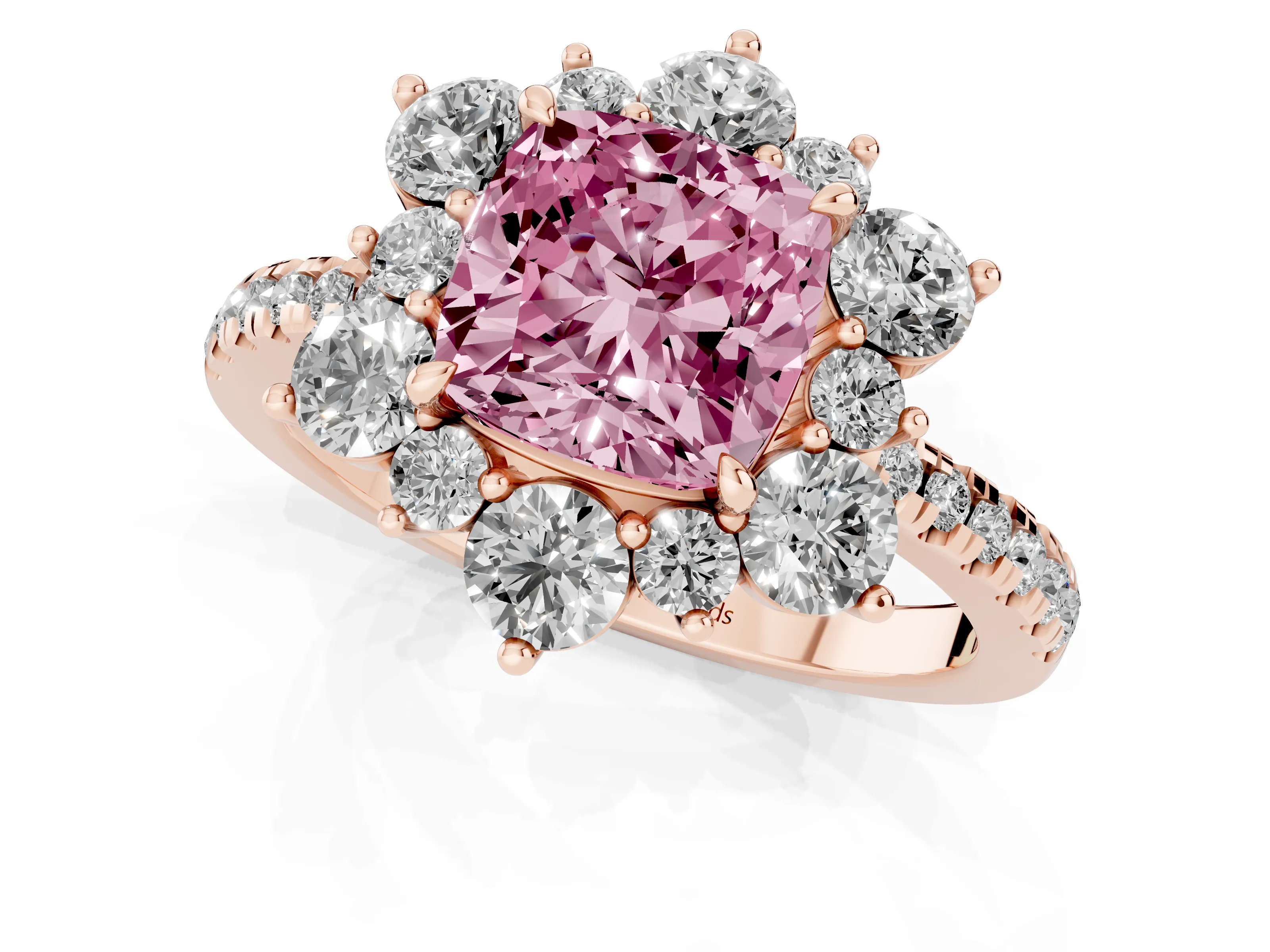 Fancy Pink Cushion Cut Diamond Floral Halo Ring Set in Rose gold with Round Pavé Band and Prong Setting
