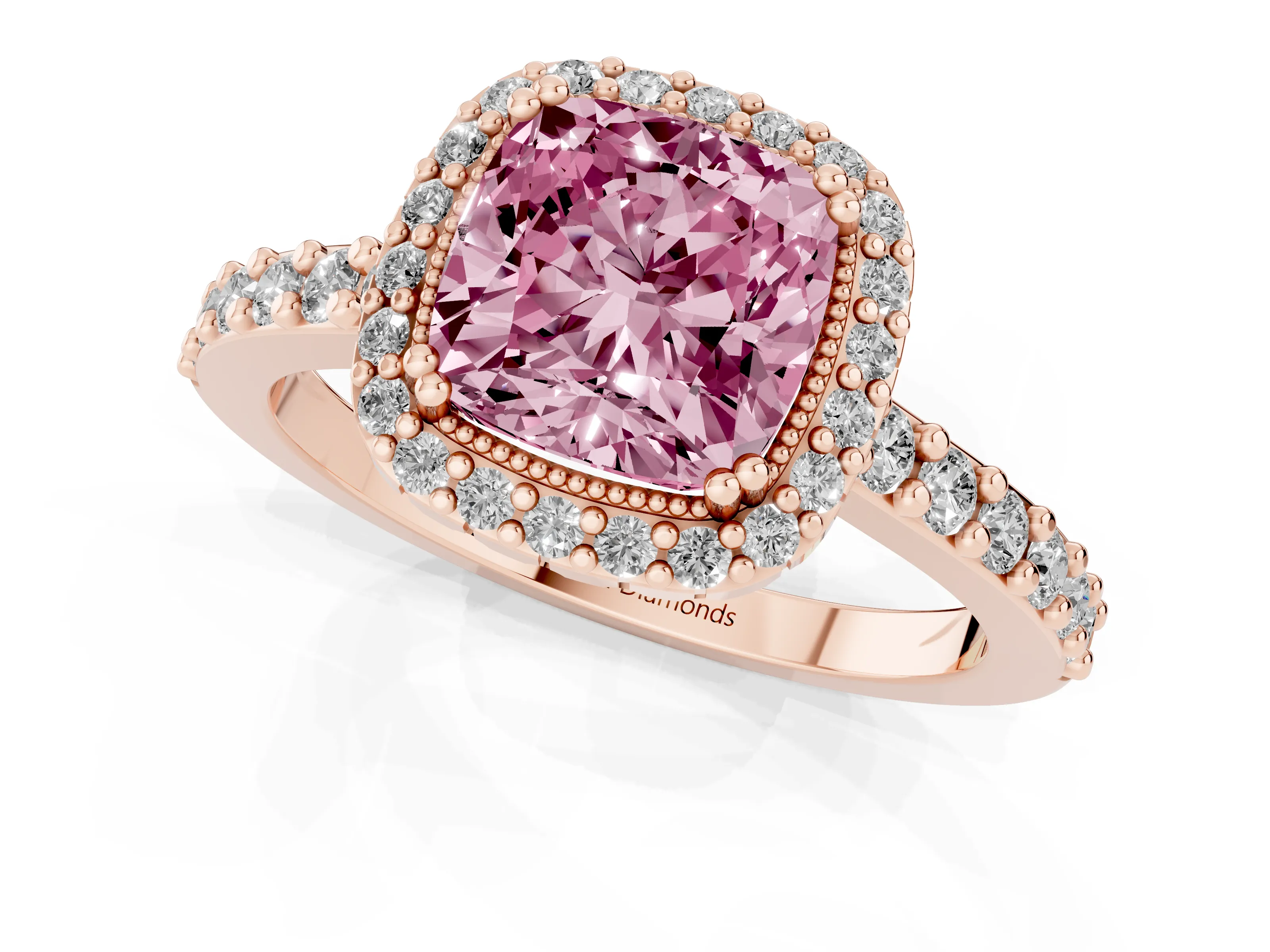 Fancy Pink Cushion Cut Diamond Halo Engagement Ring Set in Rose gold with Milgrain Detail and Pavé Band