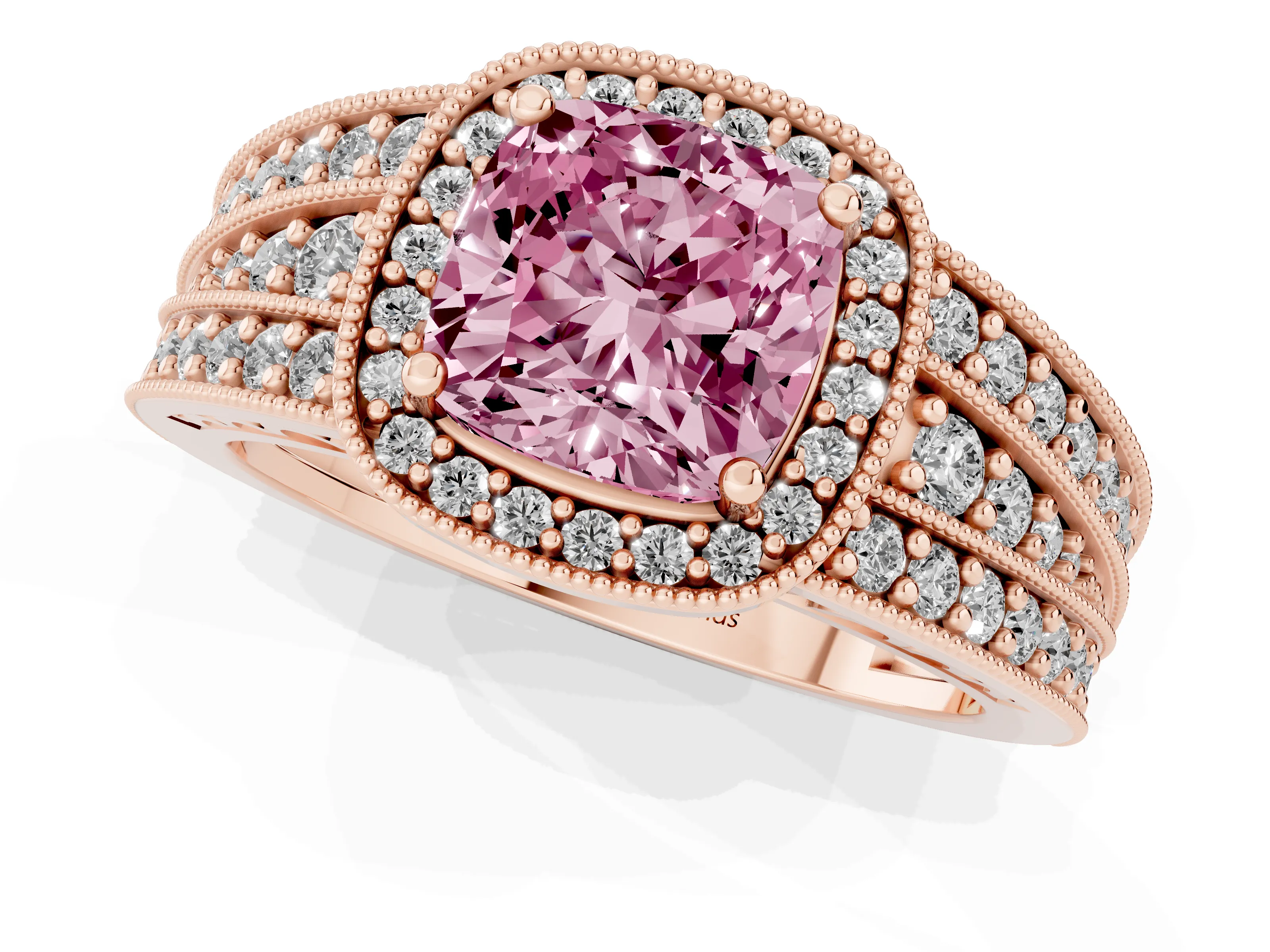 Fancy Pink Cushion Cut Diamond Halo Ring Set in Rose gold with Accent Split Shank and Prong Setting