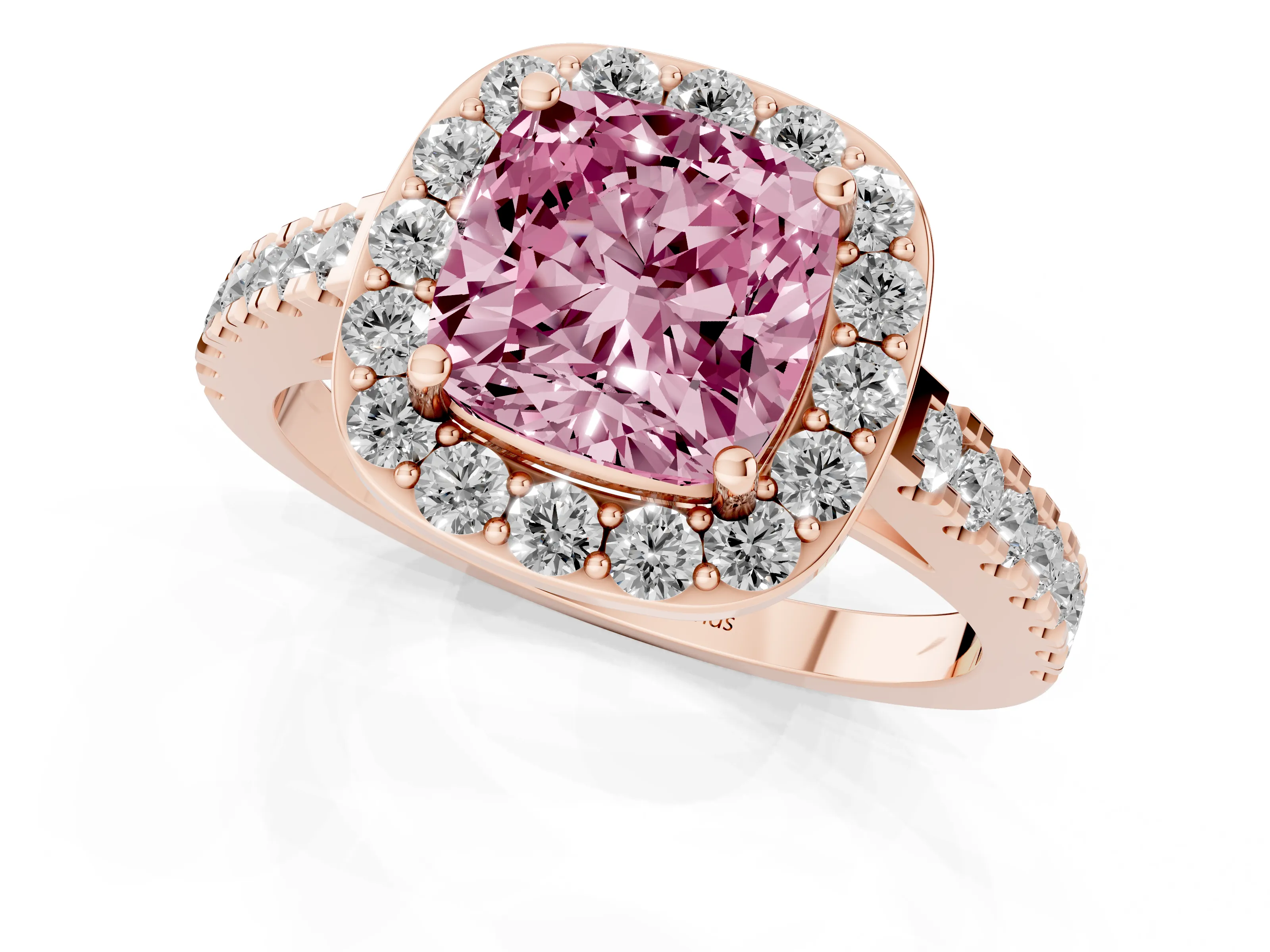 Fancy Pink Cushion Cut Diamond Halo Ring Set in Rose gold with Round Pavé Split Shank and Prong Setting