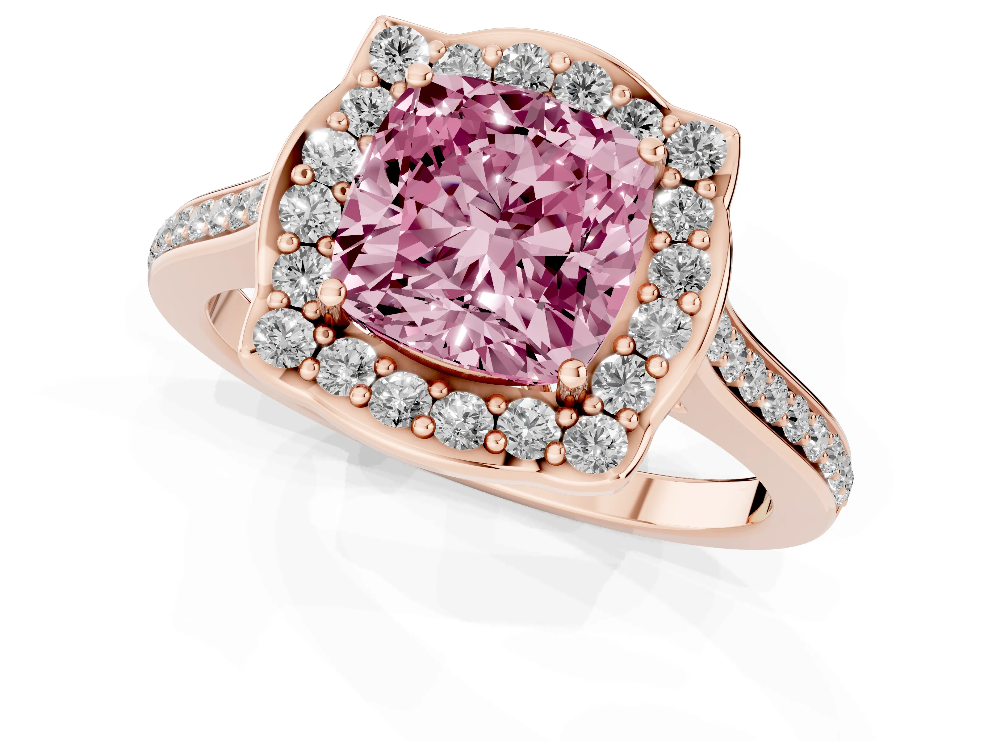 Fancy Pink Cushion Cut Diamond Halo Ring Set in Rose gold with Pavé-Lined Shoulders and Prong Setting