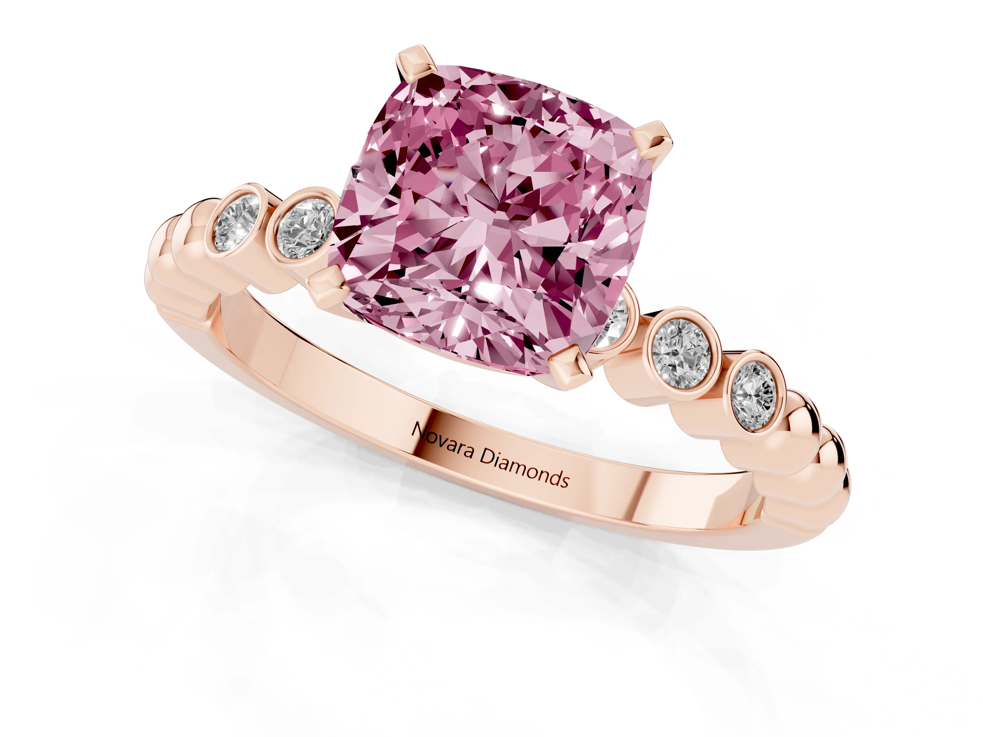 Fancy Pink Cushion Cut Diamond Solitaire Engagement Ring Set in Rose gold with Bezel Accents on Beaded Band – second view