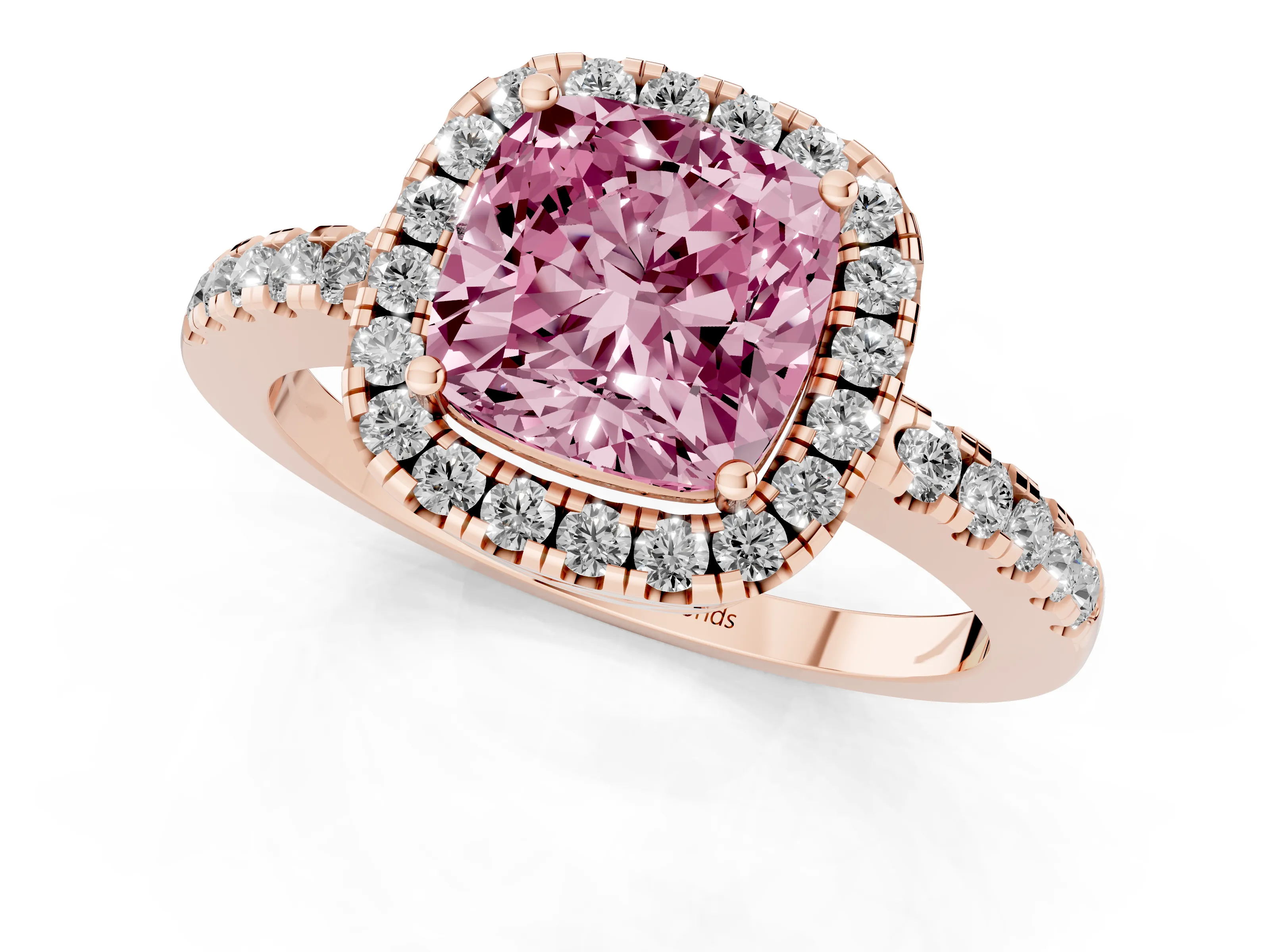 Fancy Pink Cushion Cut Diamond Pavé Band Halo Engagement Ring Set in Rose gold with Prong Setting
