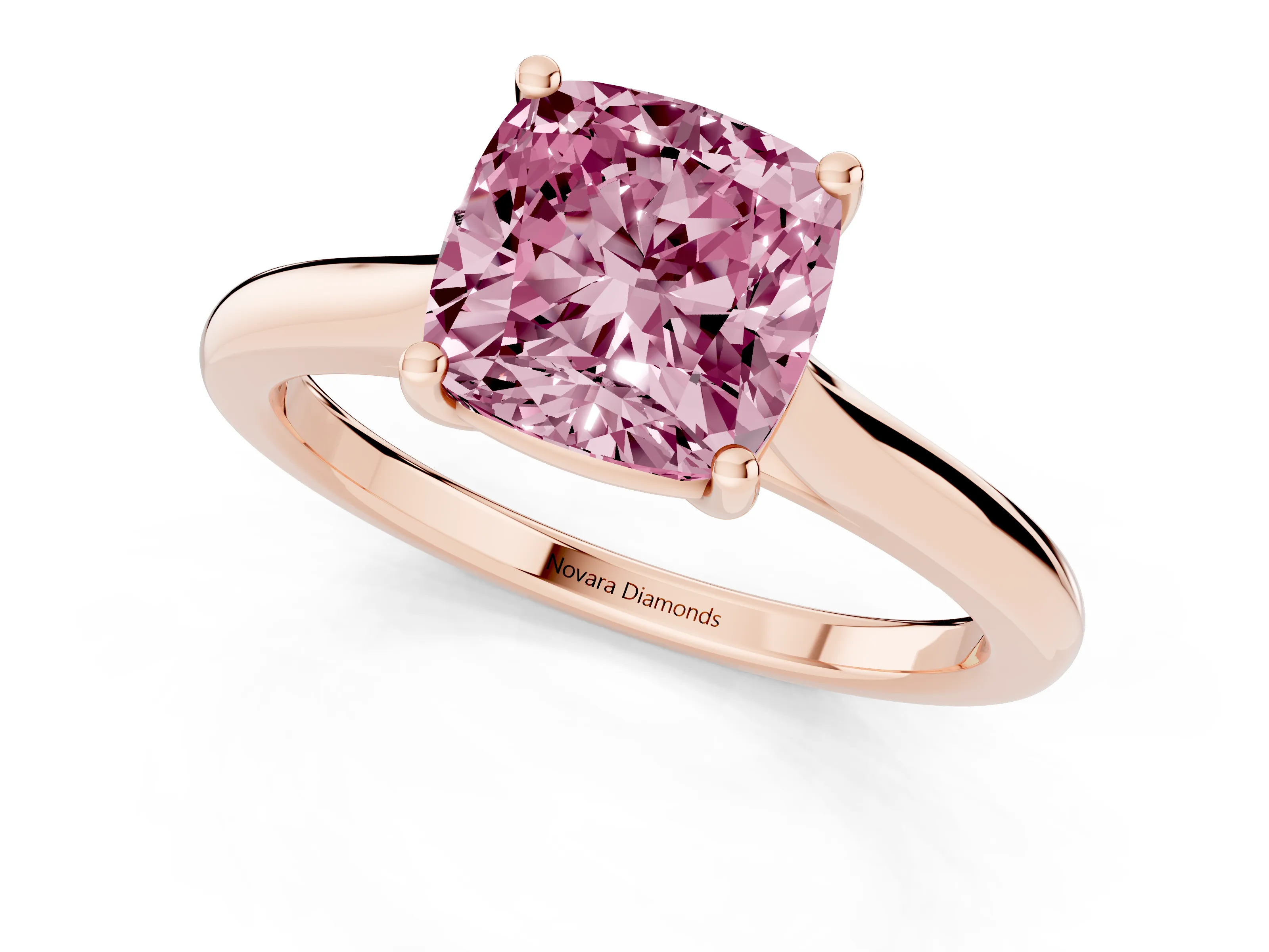 Fancy Pink Cushion Cut Diamond Solitaire Ring Set in Rose gold with Cathedral Band and Prong Setting