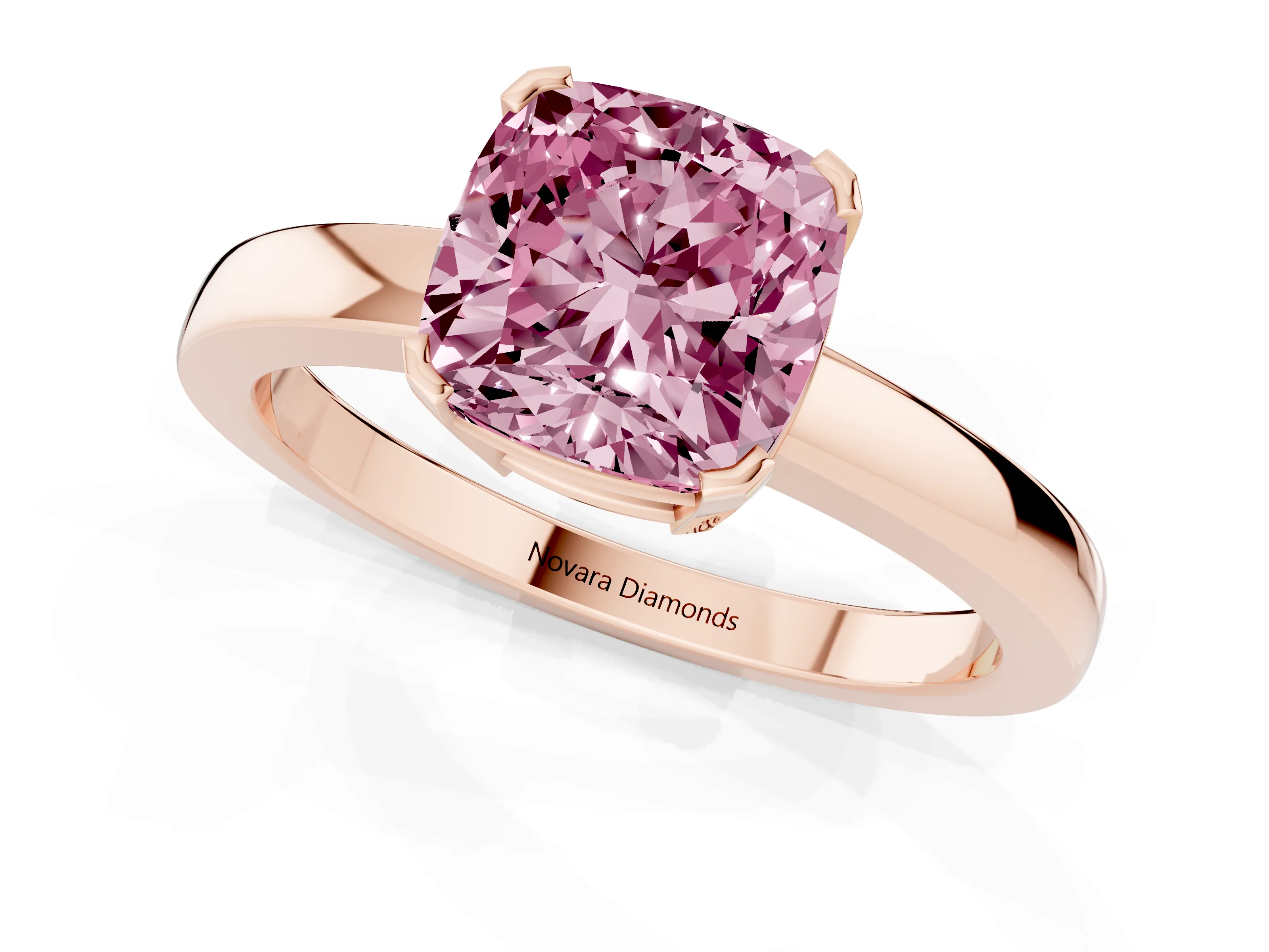 Fancy Pink Cushion Cut Diamond Solitaire Ring Set in Rose gold with Prong Head and Smooth Polished Band
