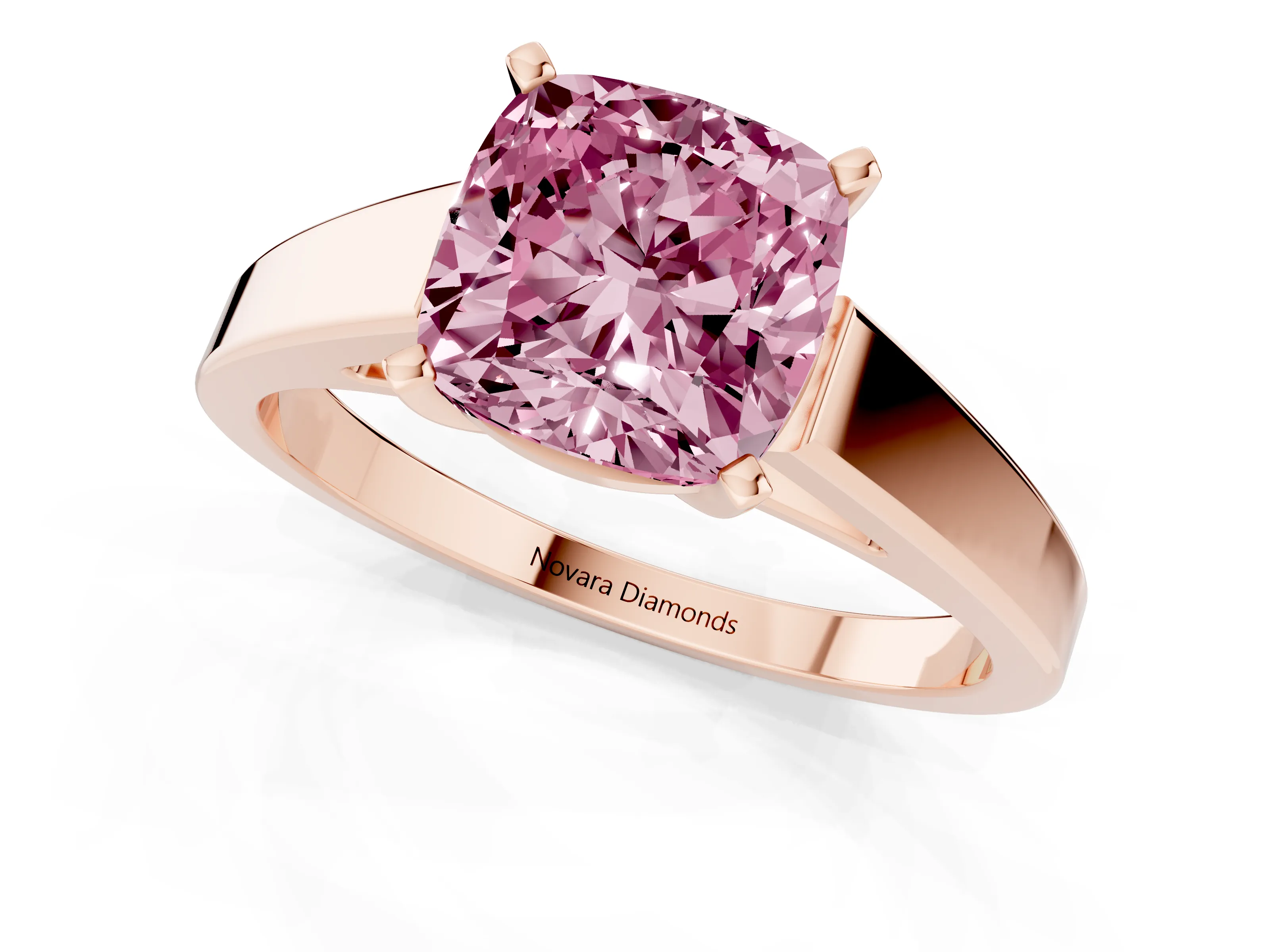 Fancy Pink Cushion Cut Diamond Solitaire Engagement Ring Set in Rose gold with Prong Setting and Tapered Band