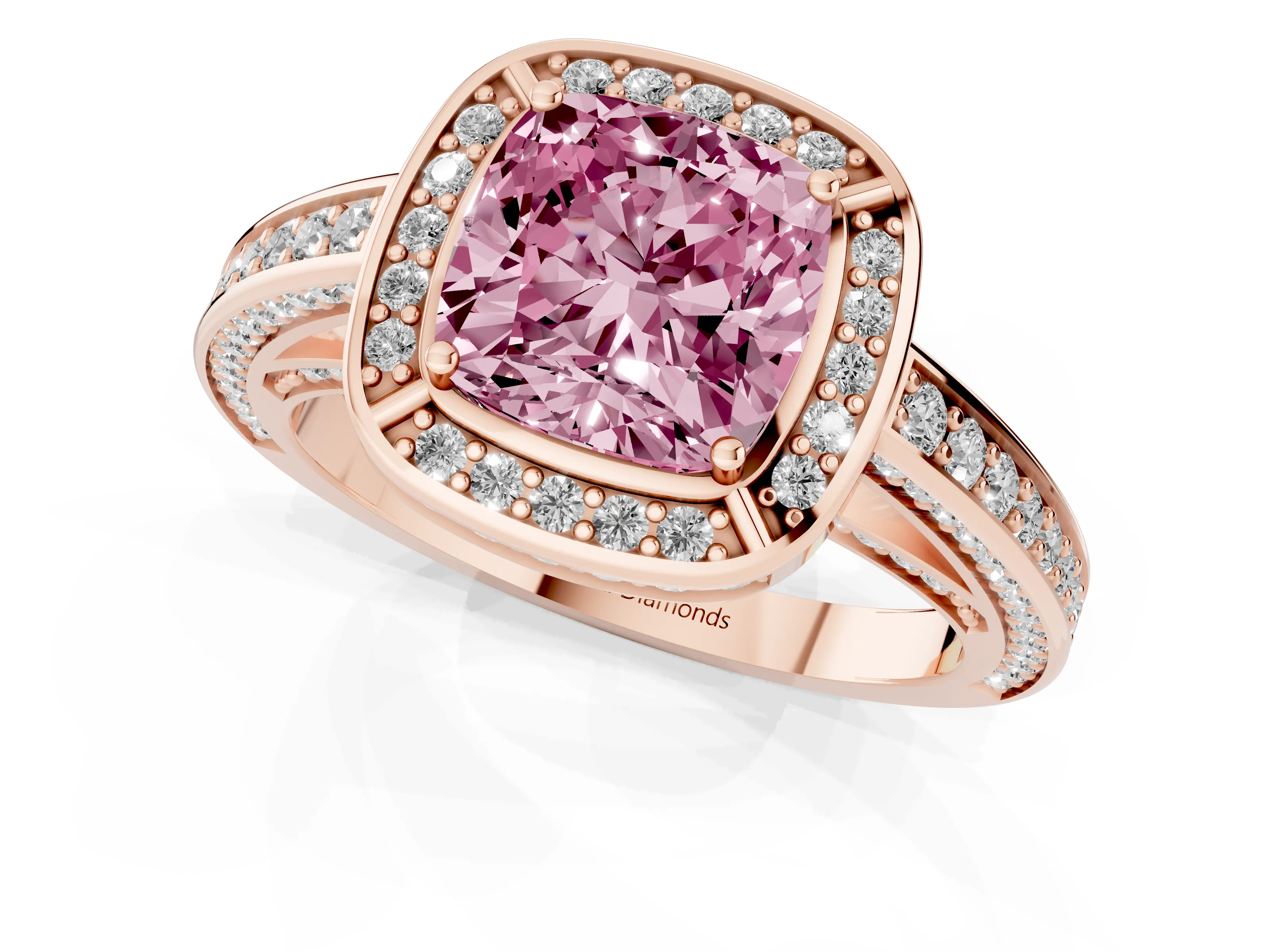 Fancy Pink Cushion Cut Diamond Halo Pavé Split Shank Ring Set in Rose gold with Prong Setting